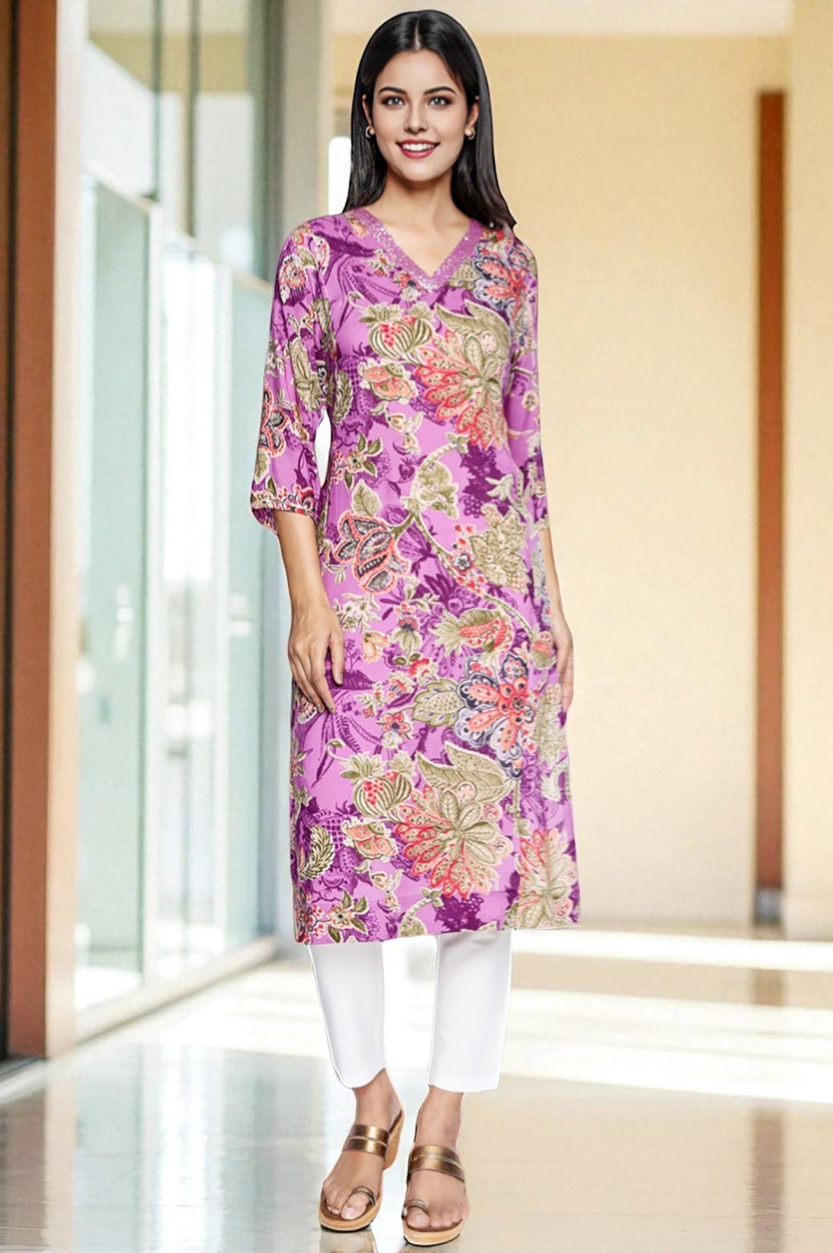 Purple Printed Modal A-line Kurta