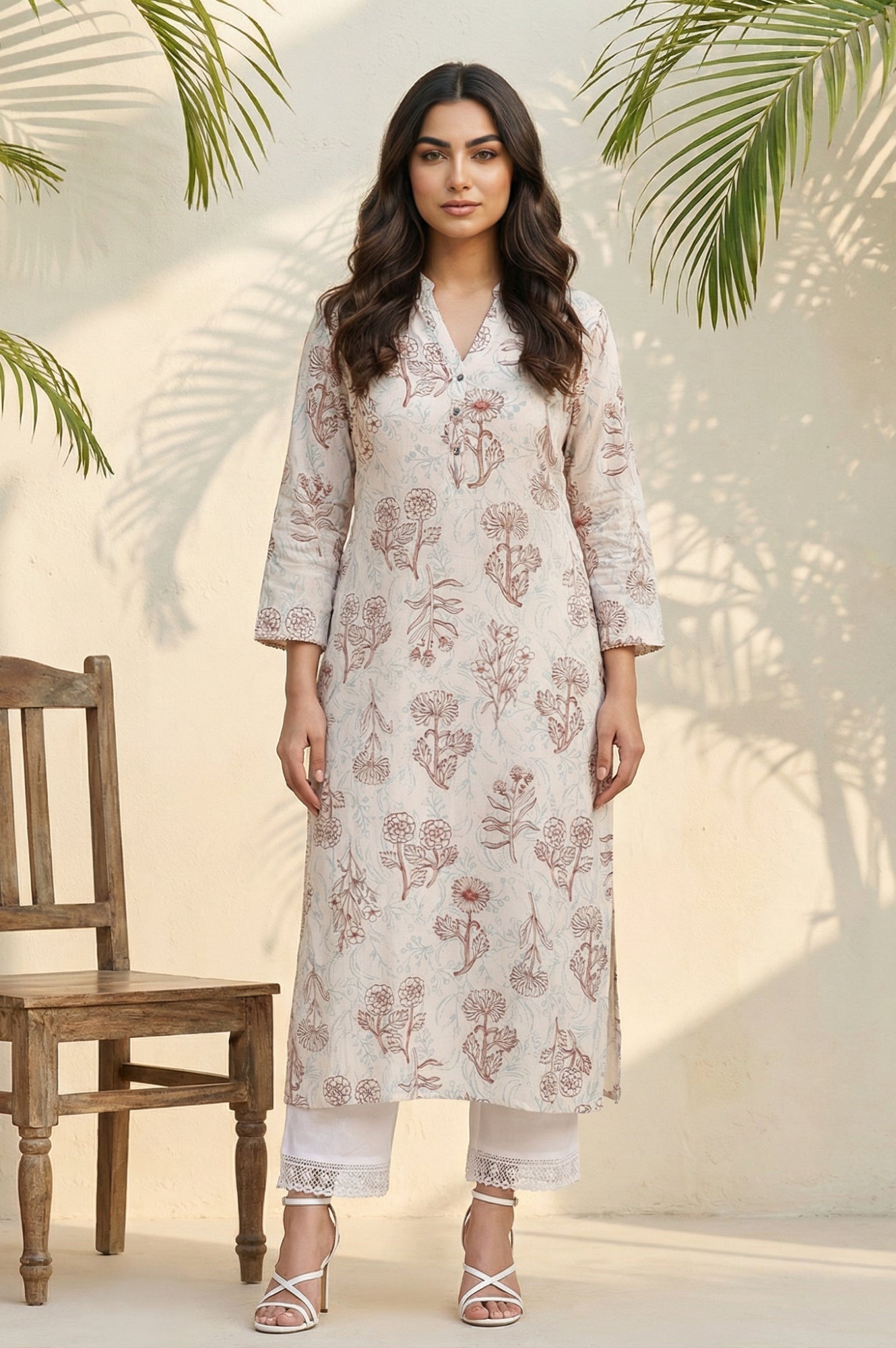 Off White Floral Printed Rayon Straight Kurta