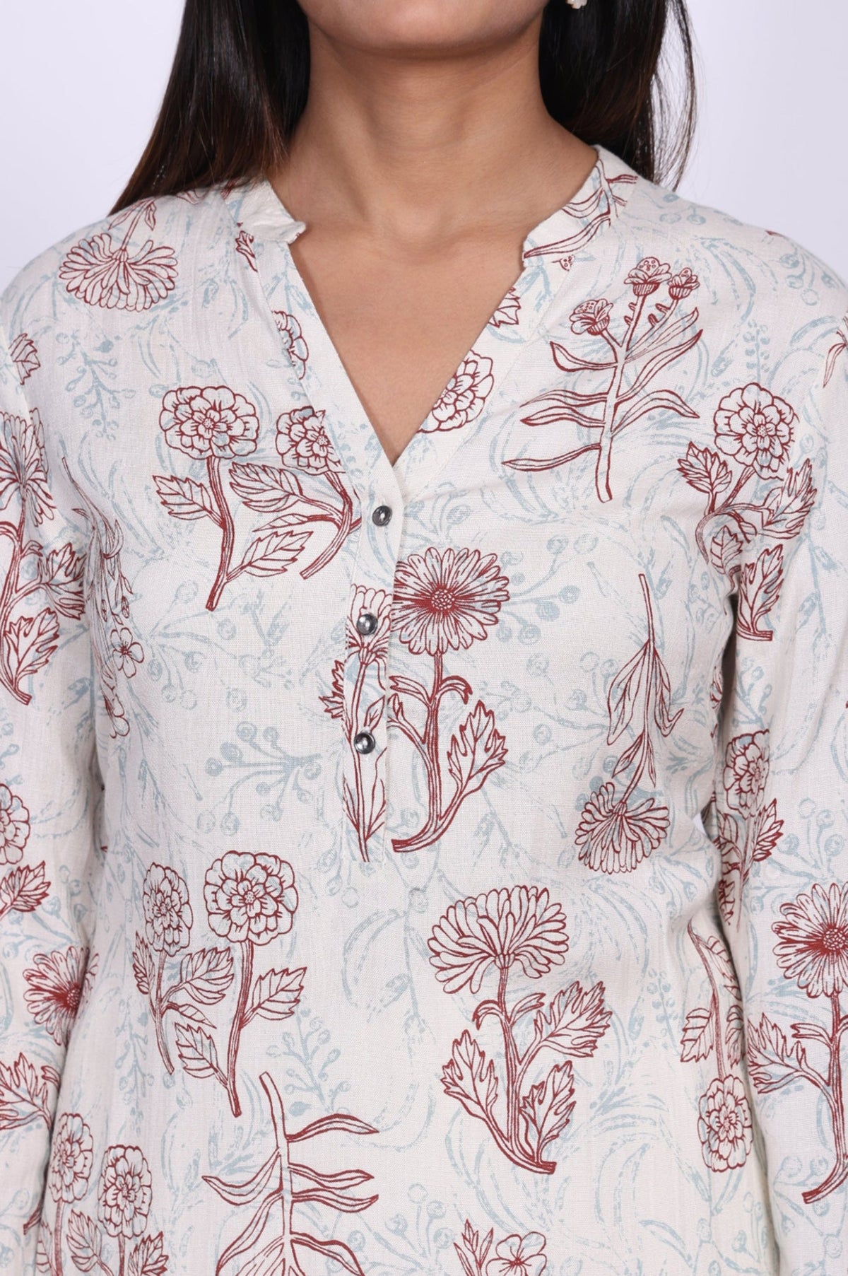 Off White Floral Printed Rayon Straight Kurta