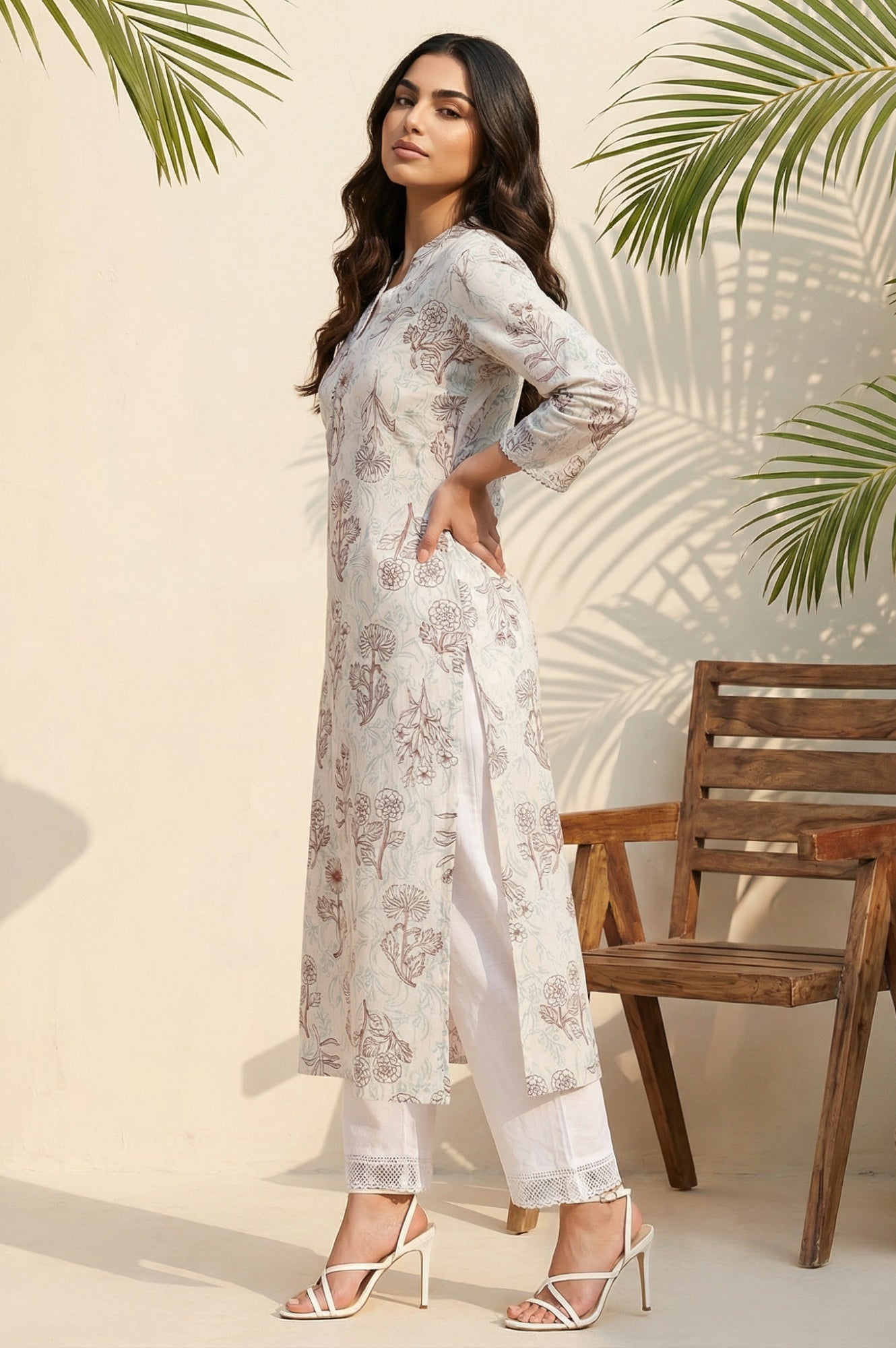 Off White Floral Printed Rayon Straight Kurta