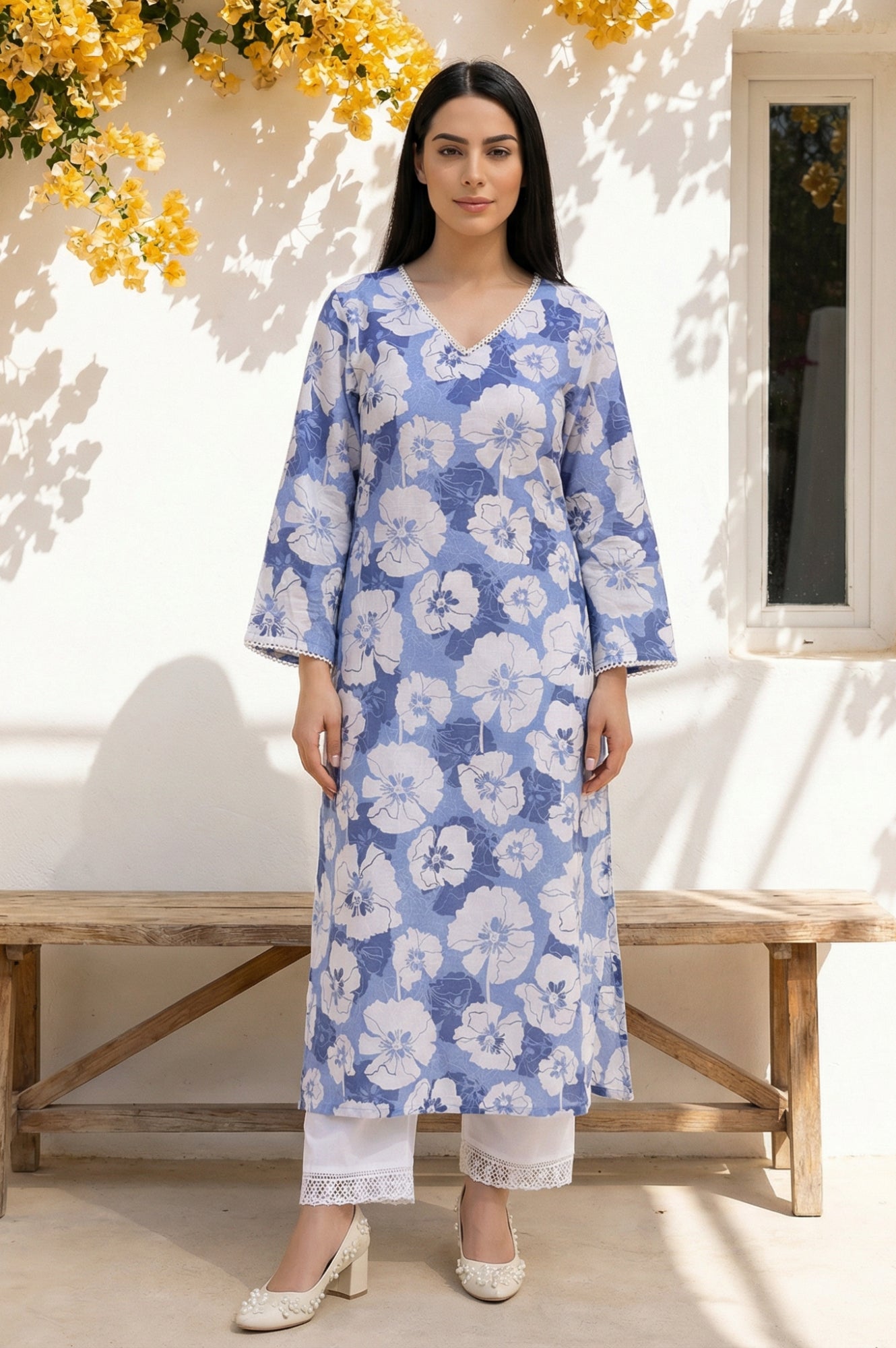 Blue Floral Printed Lace Trim Pure Cotton Straight Kurta
