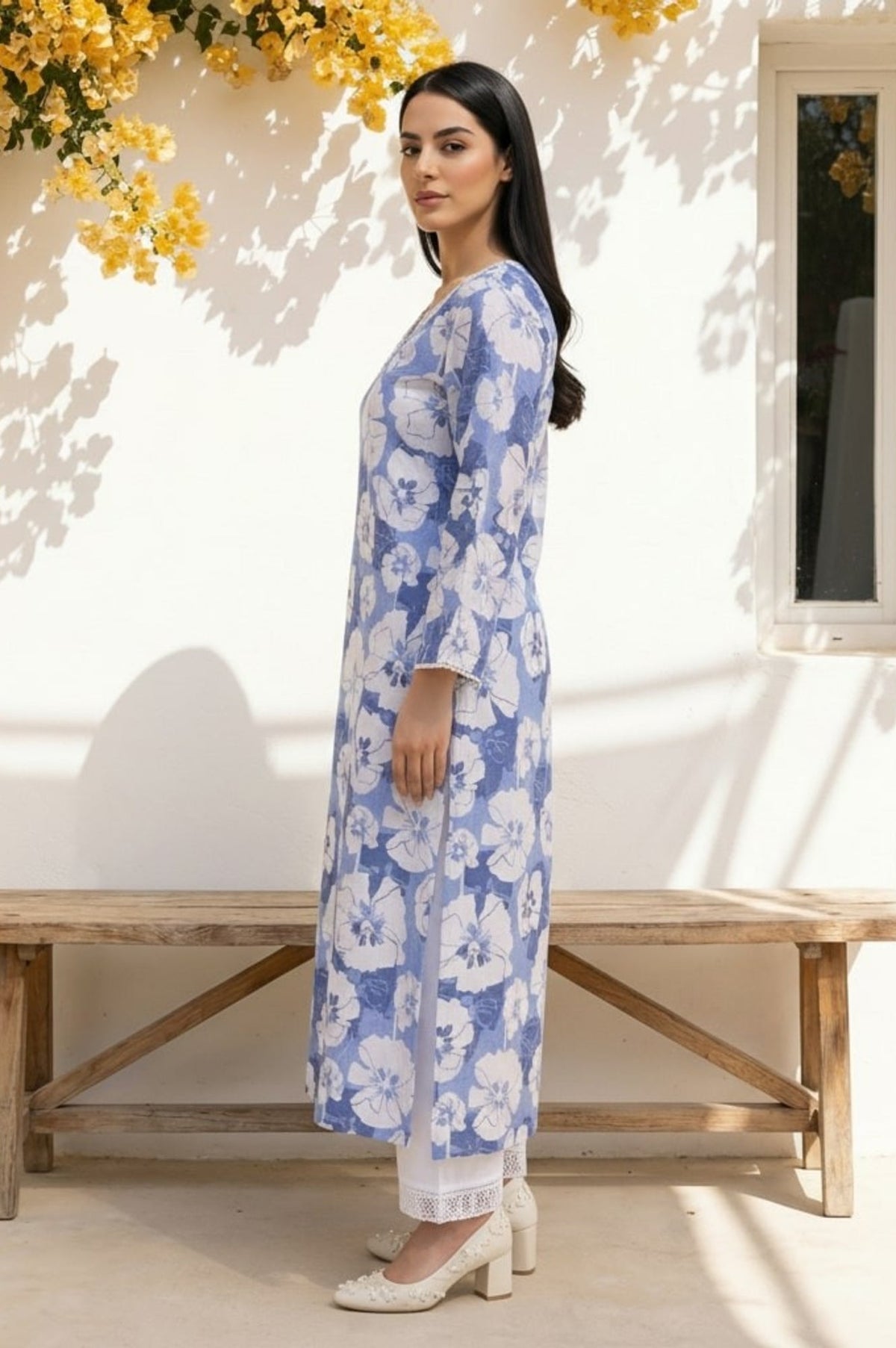 Blue Floral Printed Lace Trim Pure Cotton Straight Kurta