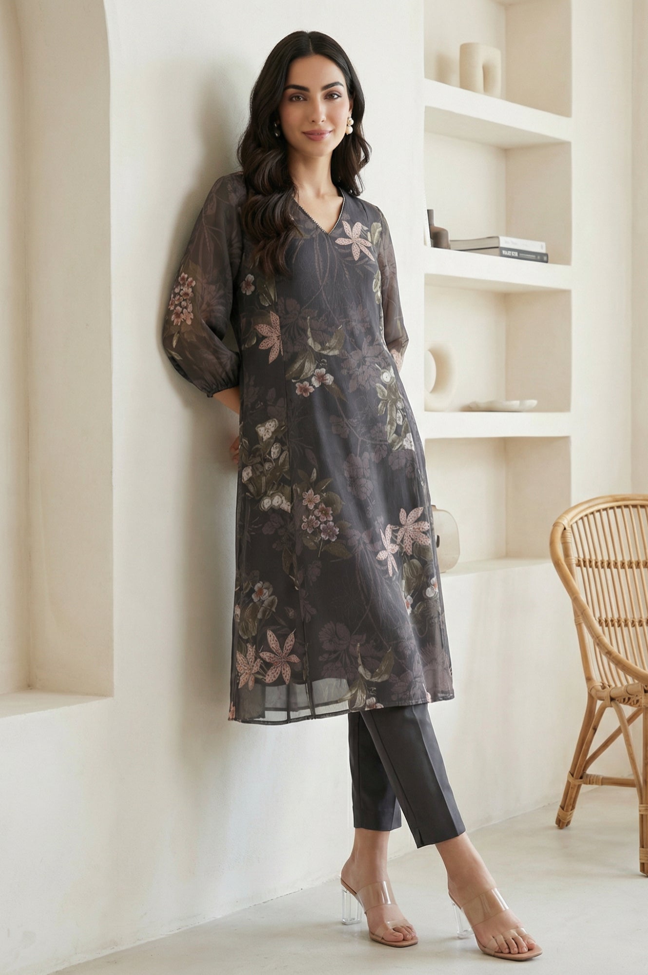 Black Floral Printed Chiffon Straight Kurta
