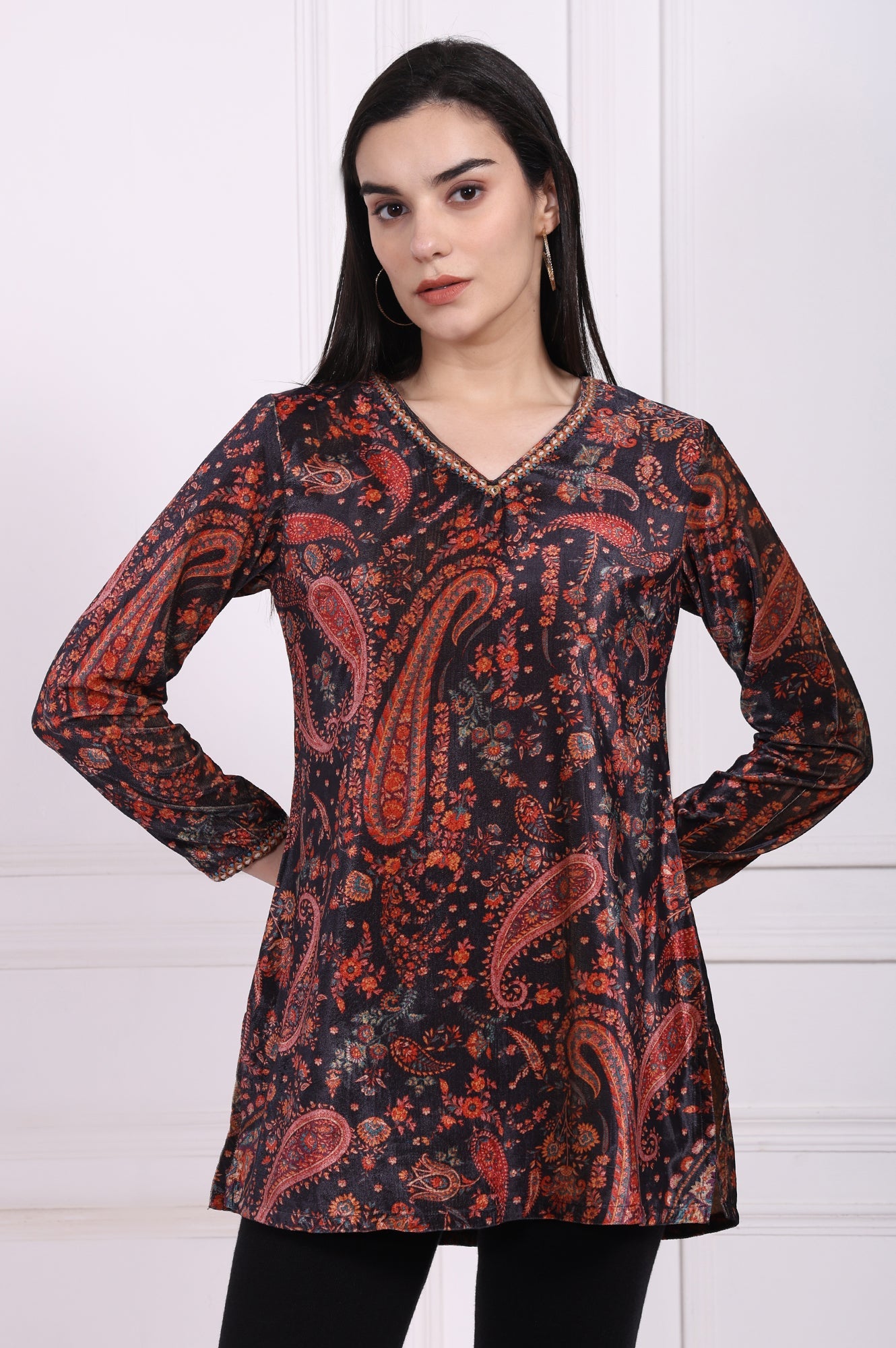 Black Paisley Printed Straight Velvet Tunic with Embroidered Neck