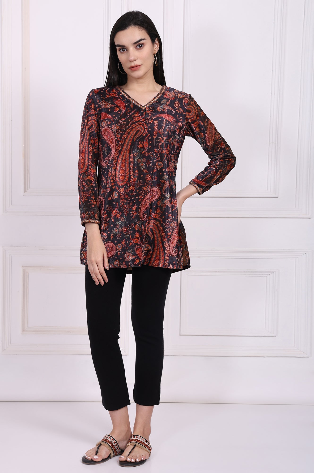 Black Paisley Printed Straight Velvet Tunic with Embroidered Neck