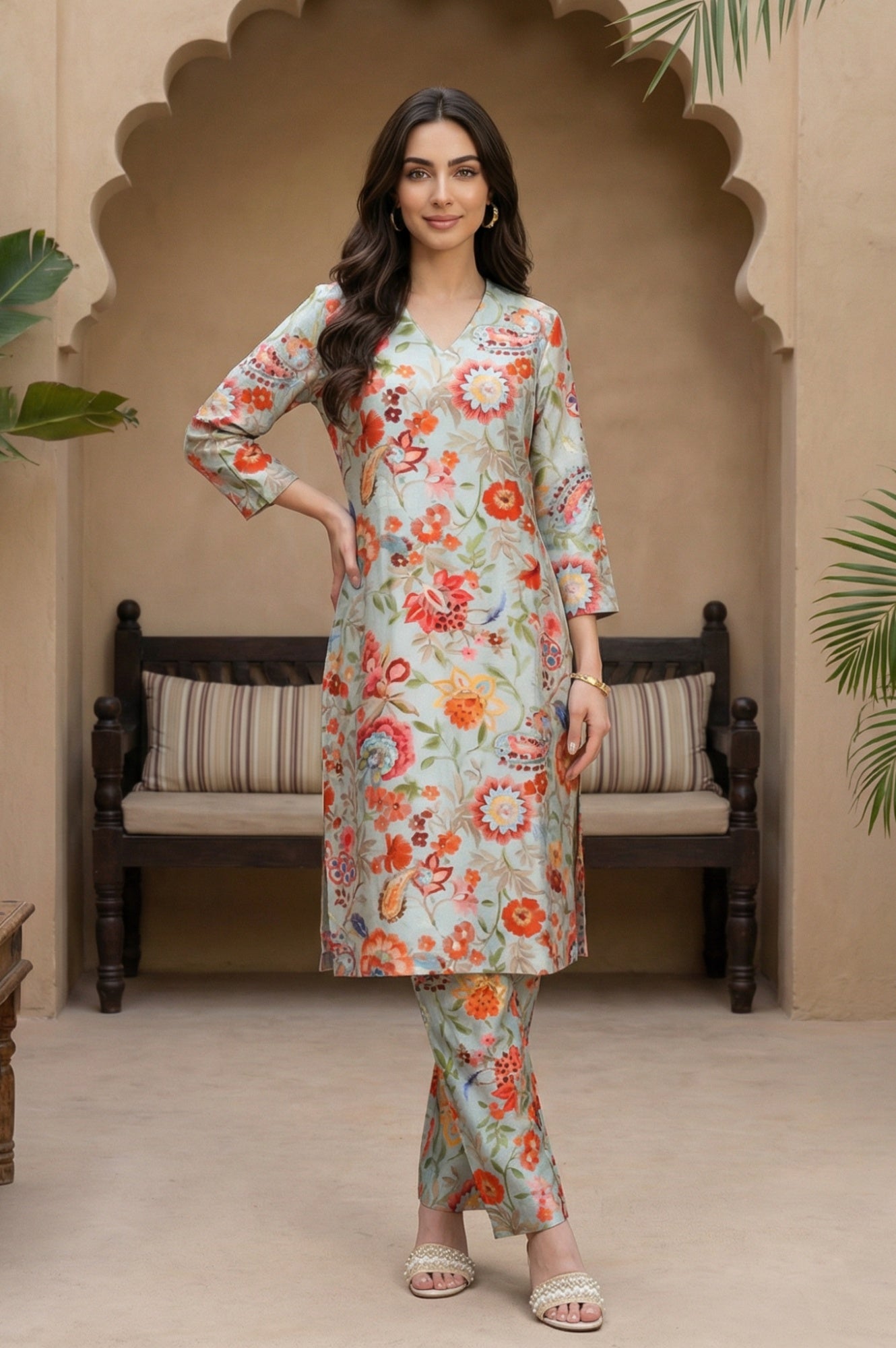 Light Blue Floral Printed Straight Kurta