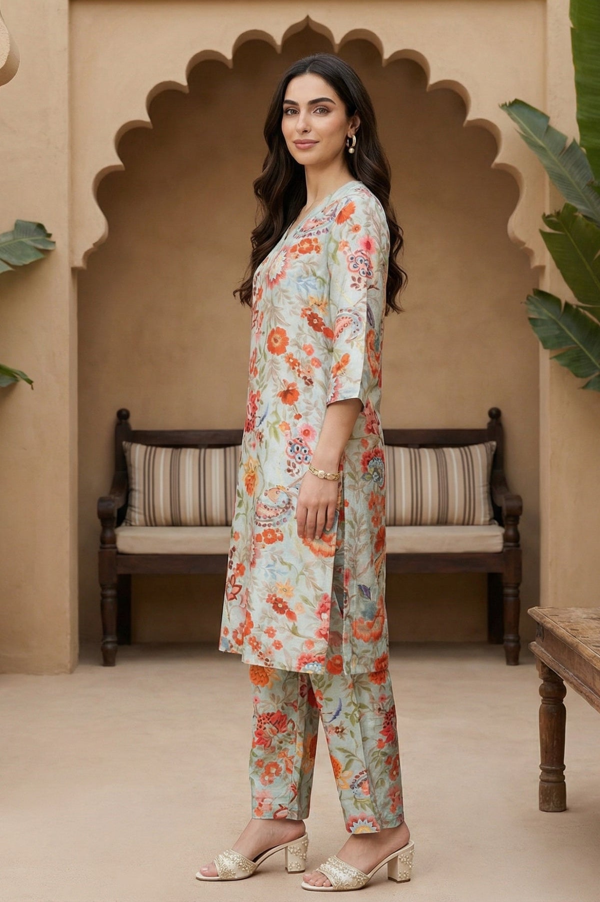 Light Blue Floral Printed Straight Kurta