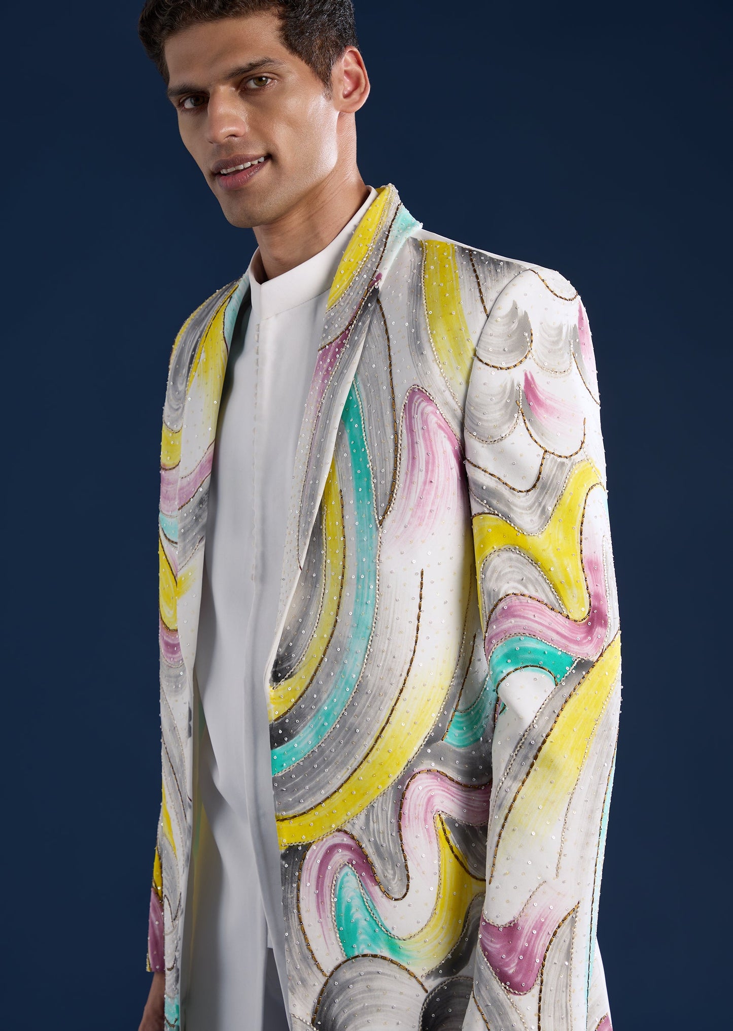 White Indo Western Set For Men With Hand Painted Work