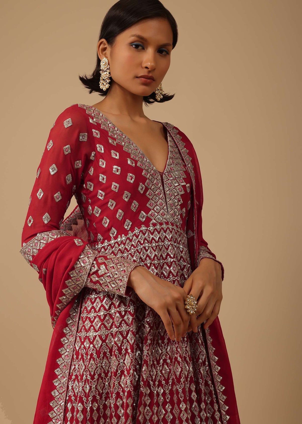 Apple Red Anarkali Suit Set In Georgette With Seqins Work All Over