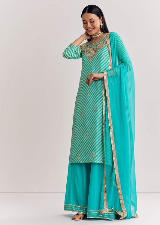 Aqua Blue Leheriya Kurta Palazzo Suit With Zardosi And Moti Work