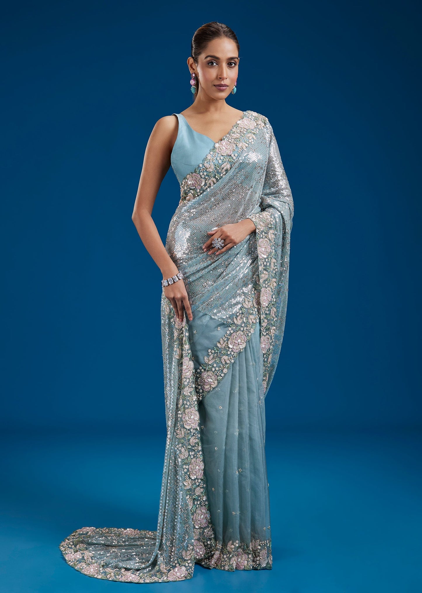 Aqua Blue Sequin Embellished Georgette Saree