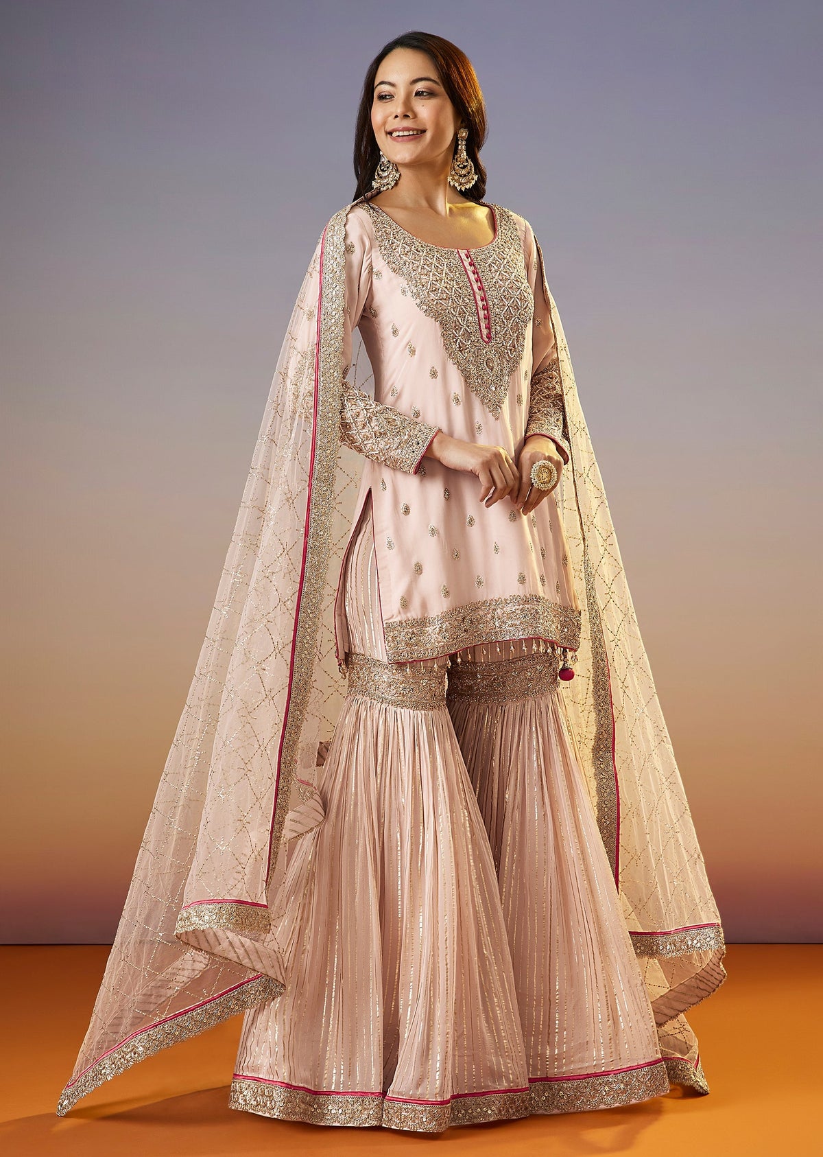 Baby Pink Zardosi Sharara Suit With Dupatta