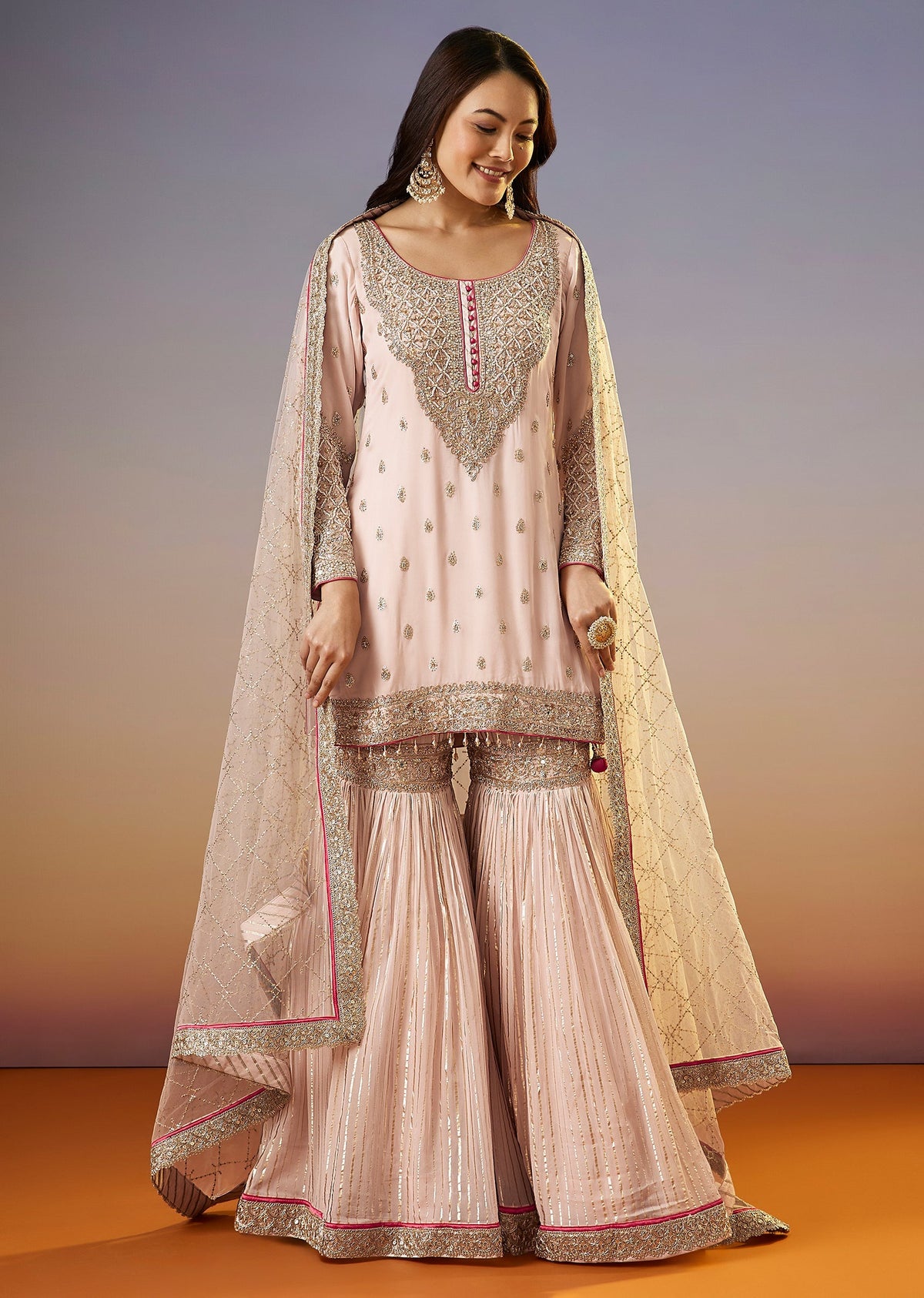 Baby Pink Zardosi Sharara Suit With Dupatta