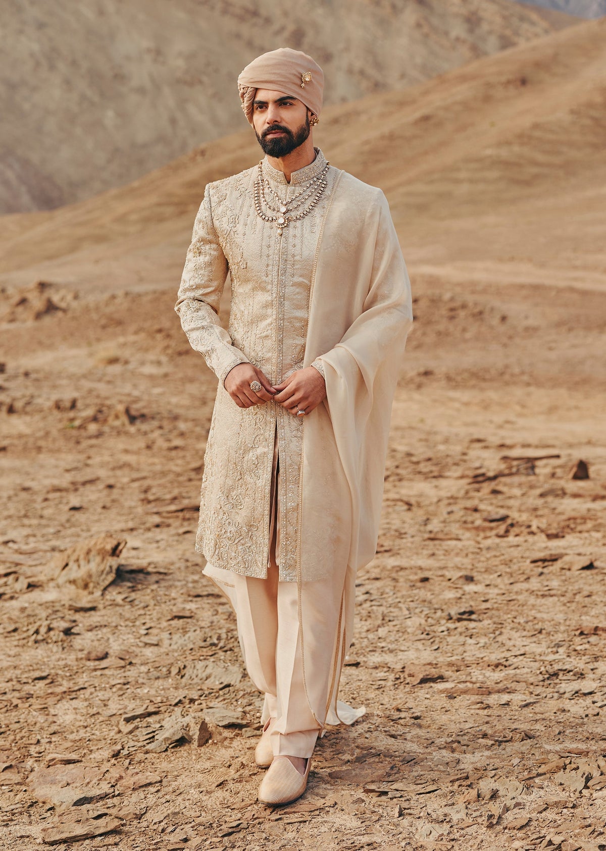Beige Brocade Sherwani With Tonal Hand Embroidery