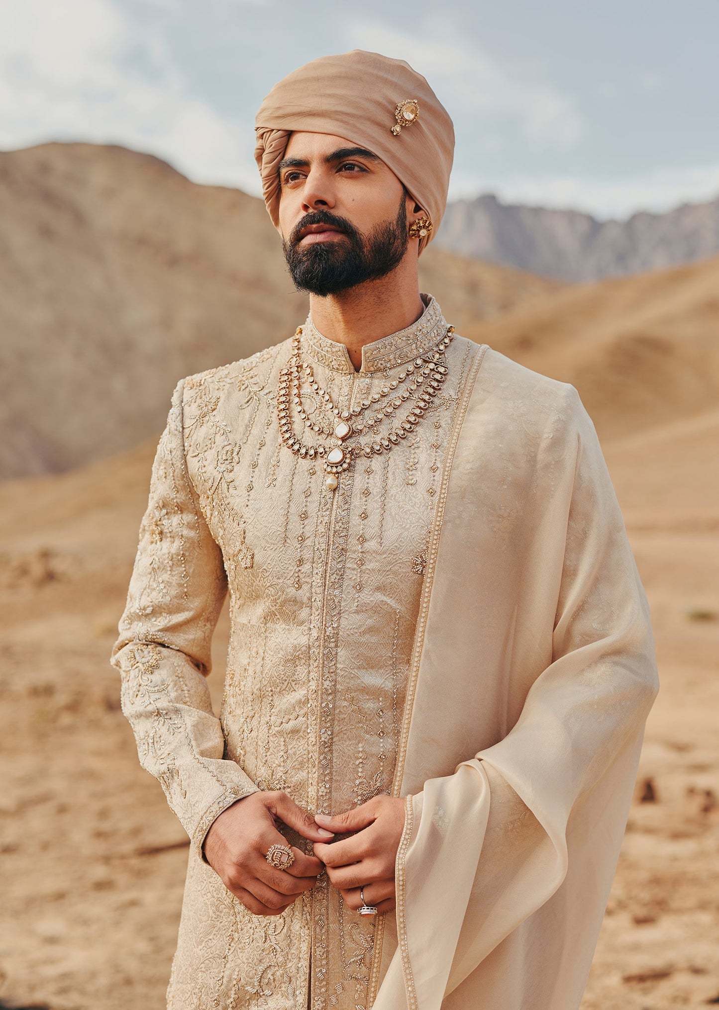 Beige Brocade Sherwani With Tonal Hand Embroidery