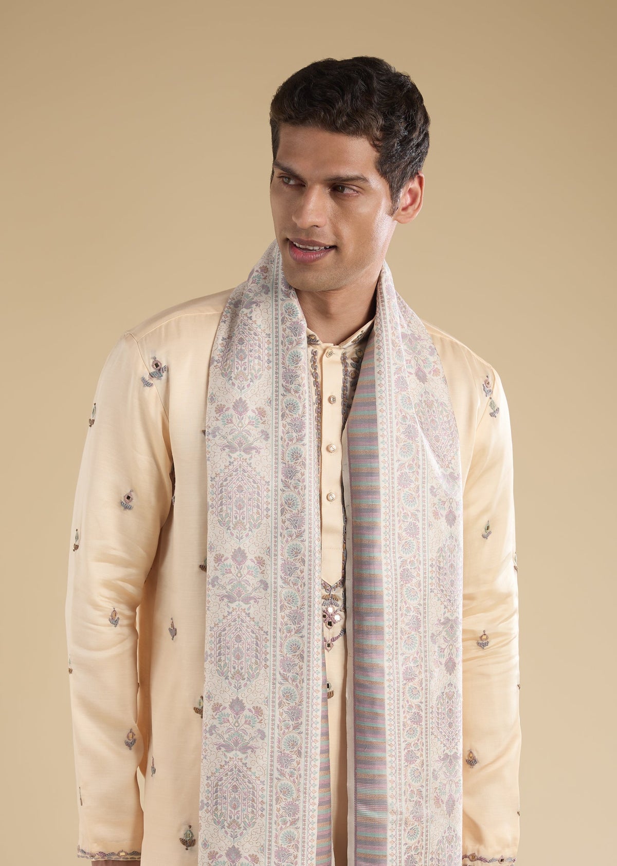 Beige Embroidered Kurta Set With Dupatta