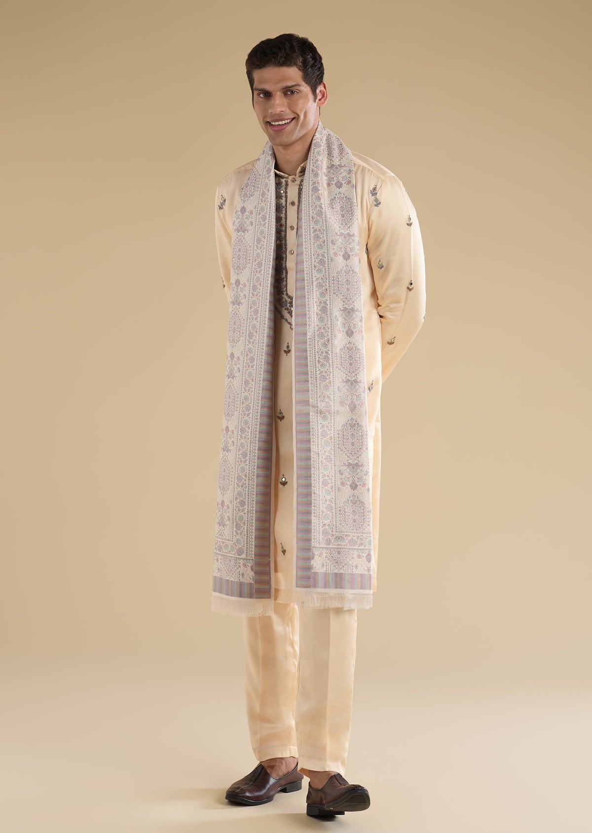 Beige Embroidered Kurta Set With Dupatta