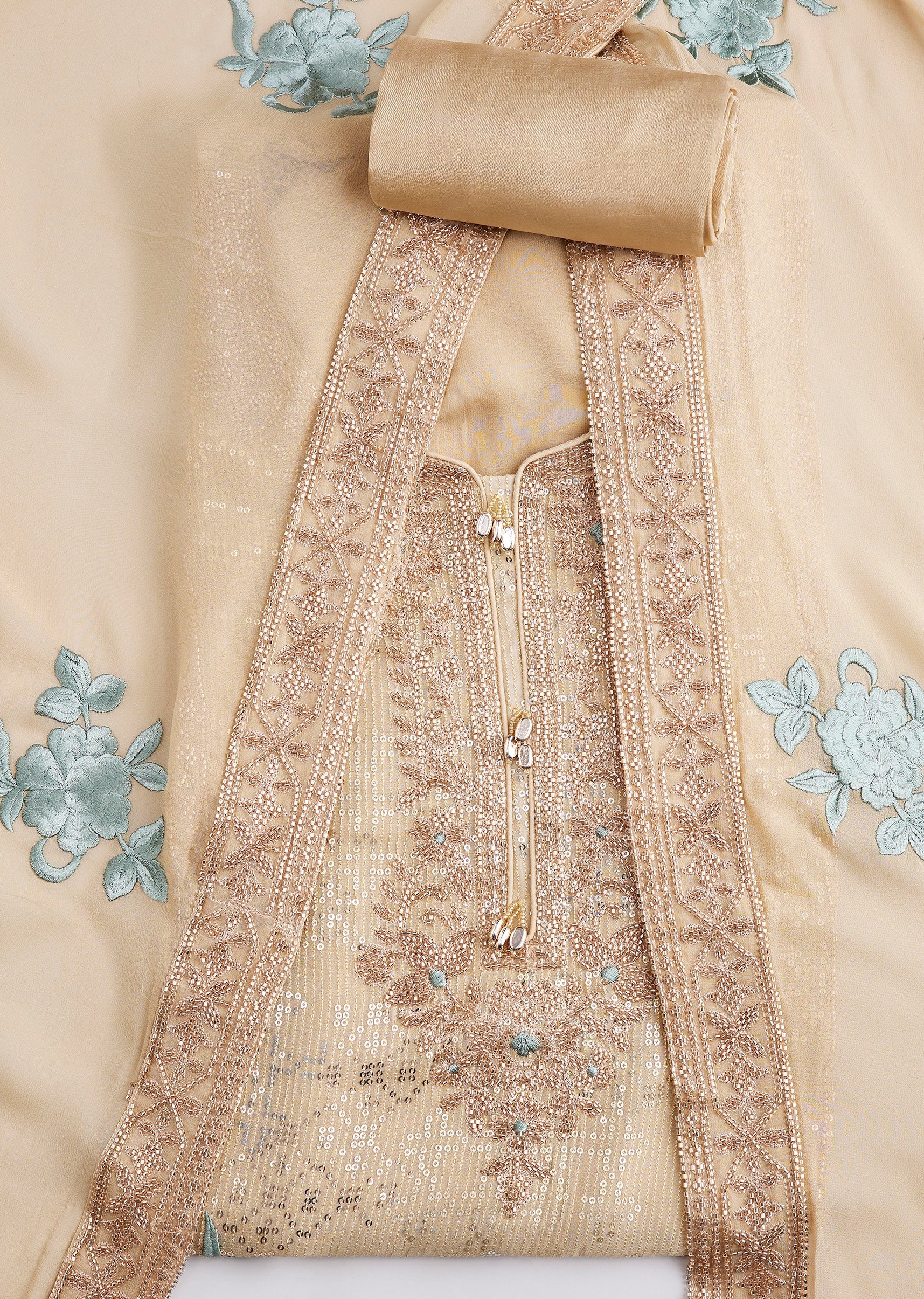 Beige Georgette Embroidered Unstitched Suit Set With Dupatta