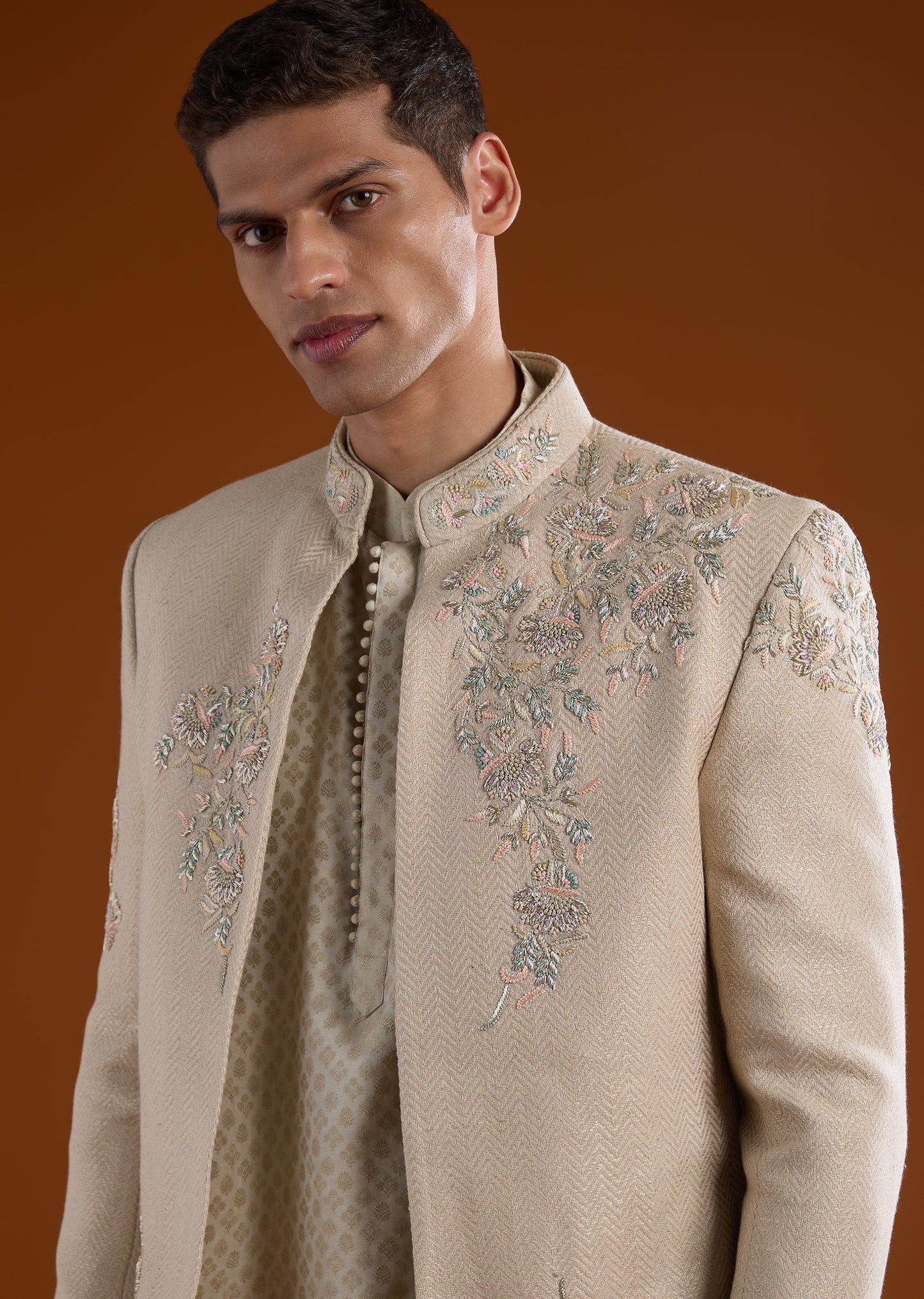 Beige Kurta Jacket Set With Thread Sequins And Cut Dana Work