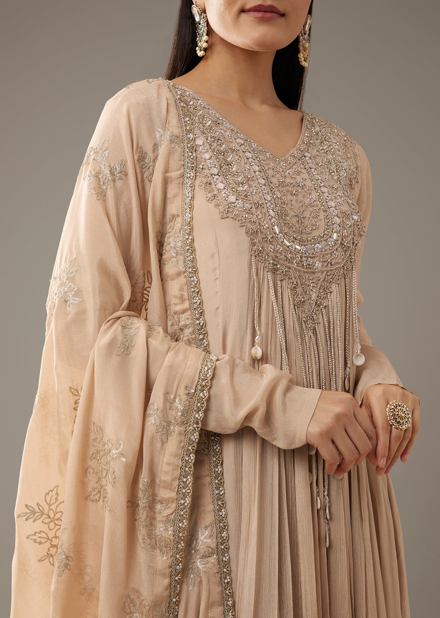 Beige Mirror Embellished Anarkali with Dupatta