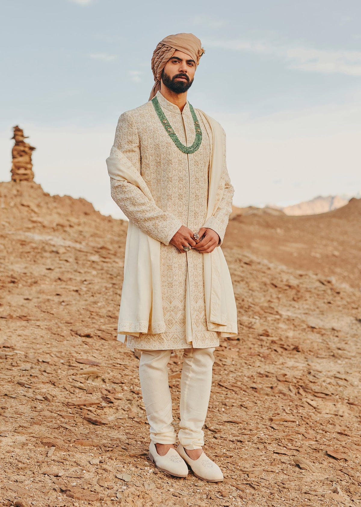 Beige Raw Silk Hand Embroidered Sherwani