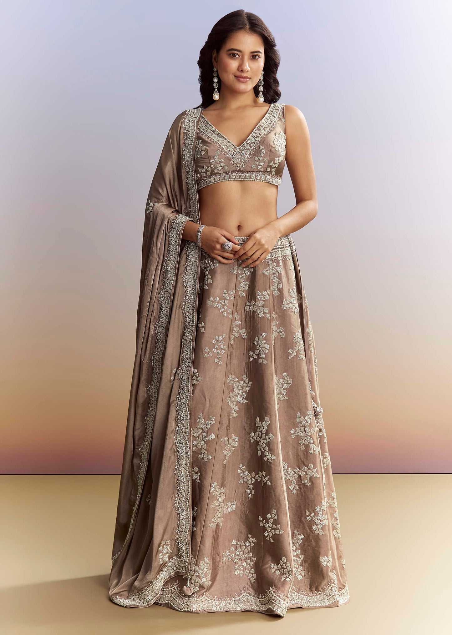 Beige Satin Bridesmaid Lehenga With Heavy Embroidery