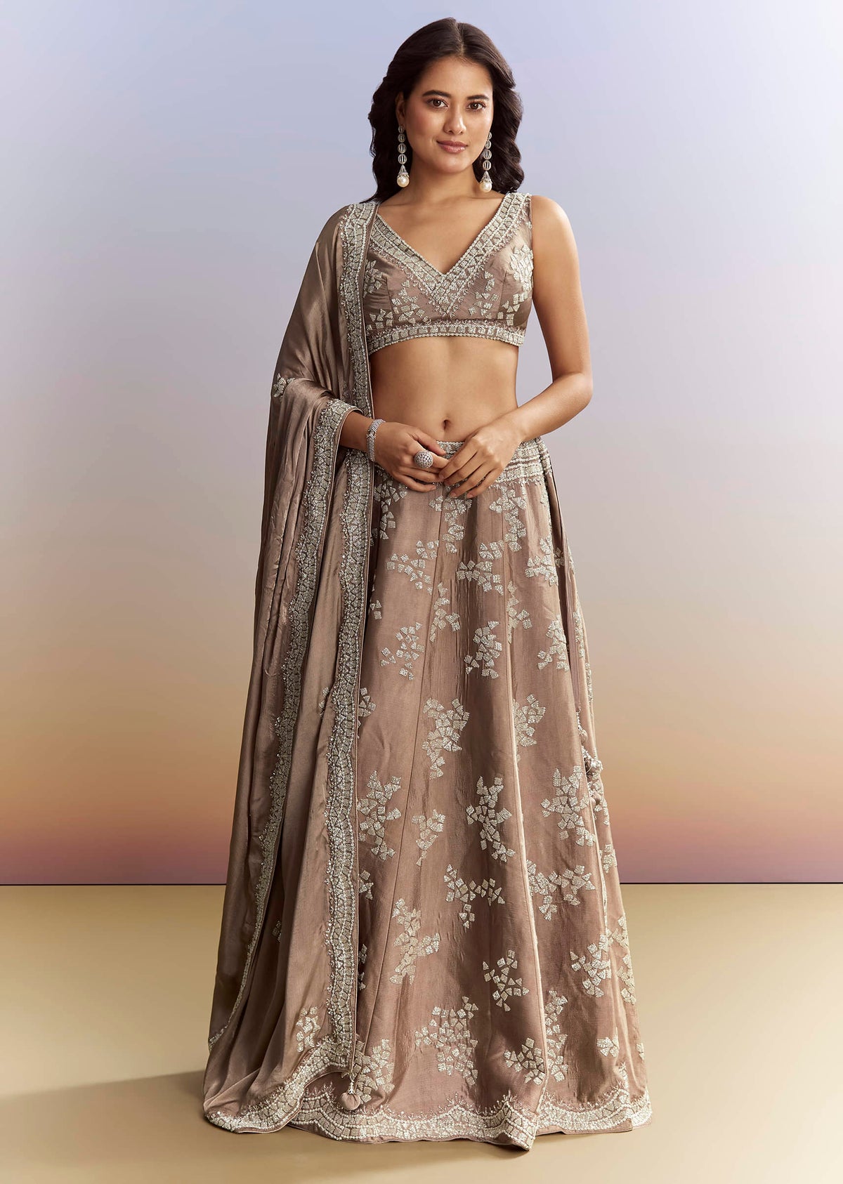 Beige Satin Bridesmaid Lehenga With Heavy Embroidery