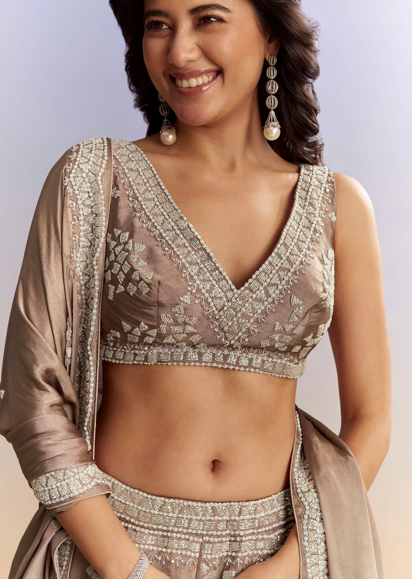 Beige Satin Bridesmaid Lehenga With Heavy Embroidery
