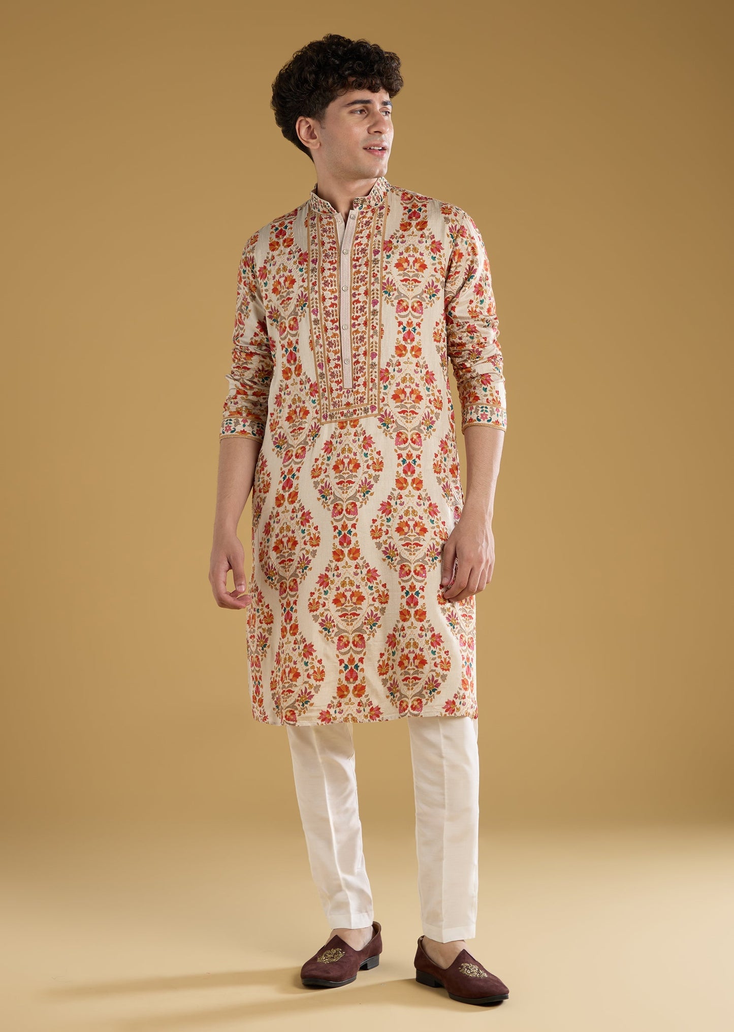 Beige Silk Kurta Set With Thread Motif Detail Work
