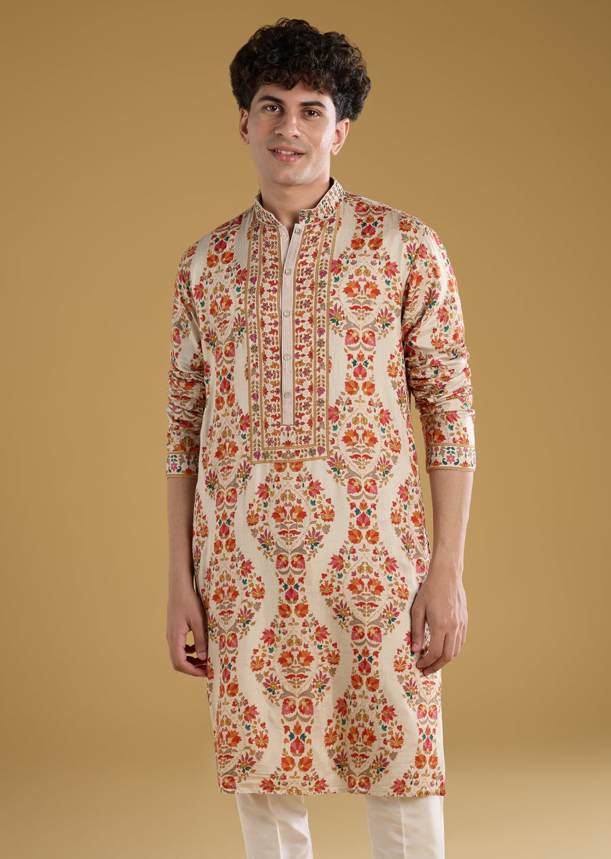 Beige Silk Kurta Set With Thread Motif Detail Work