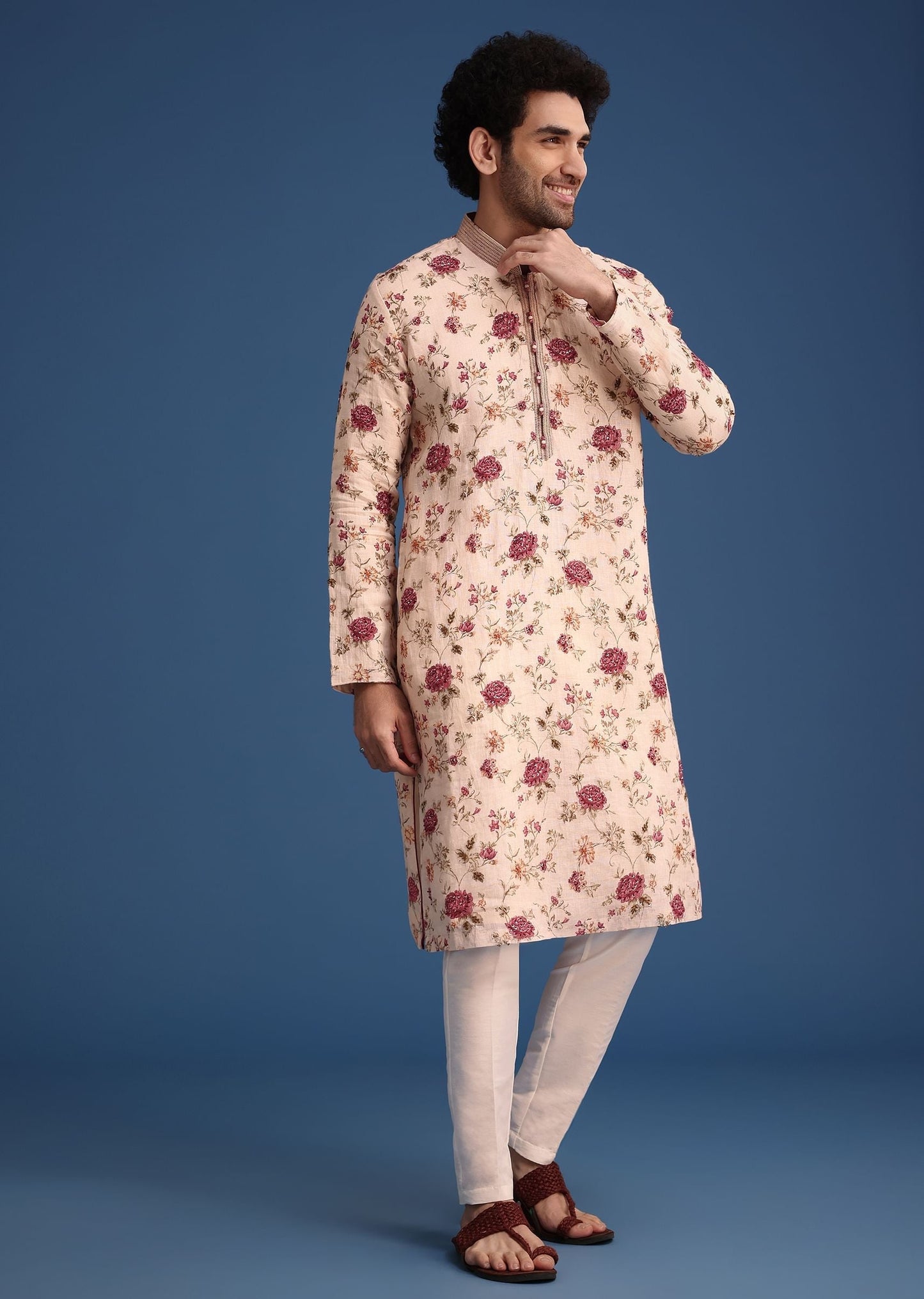Beige Linen Printed Kurta Set With Floral Motifs
