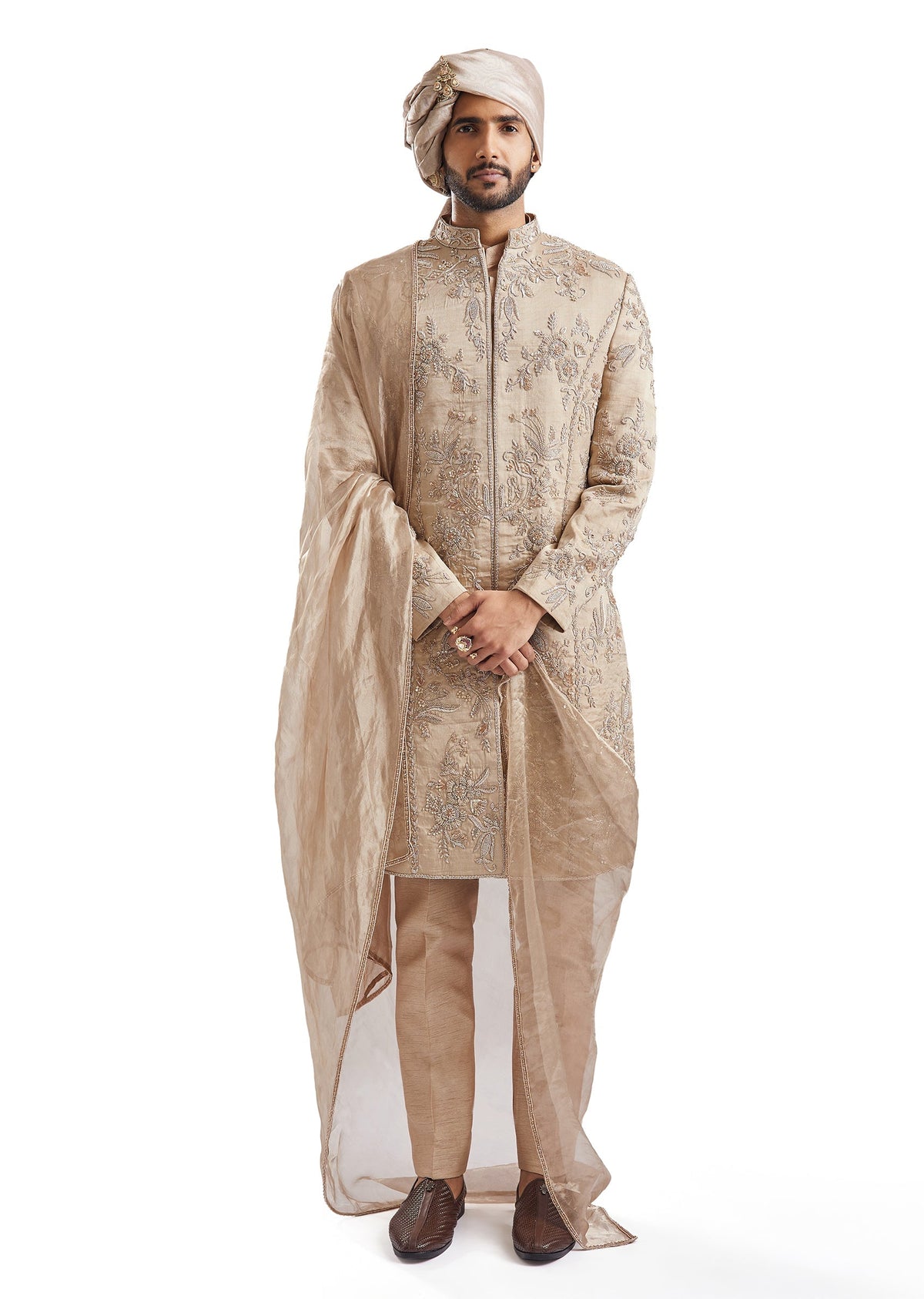 Beige Tussar Intricately Embroidered Sherwani