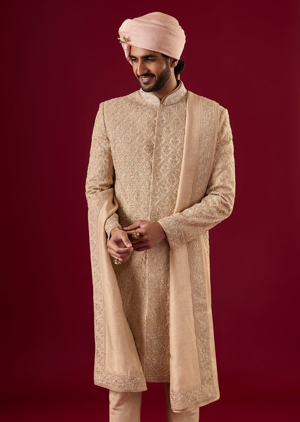 Beige Tussar Sherwani Set With Thread Work