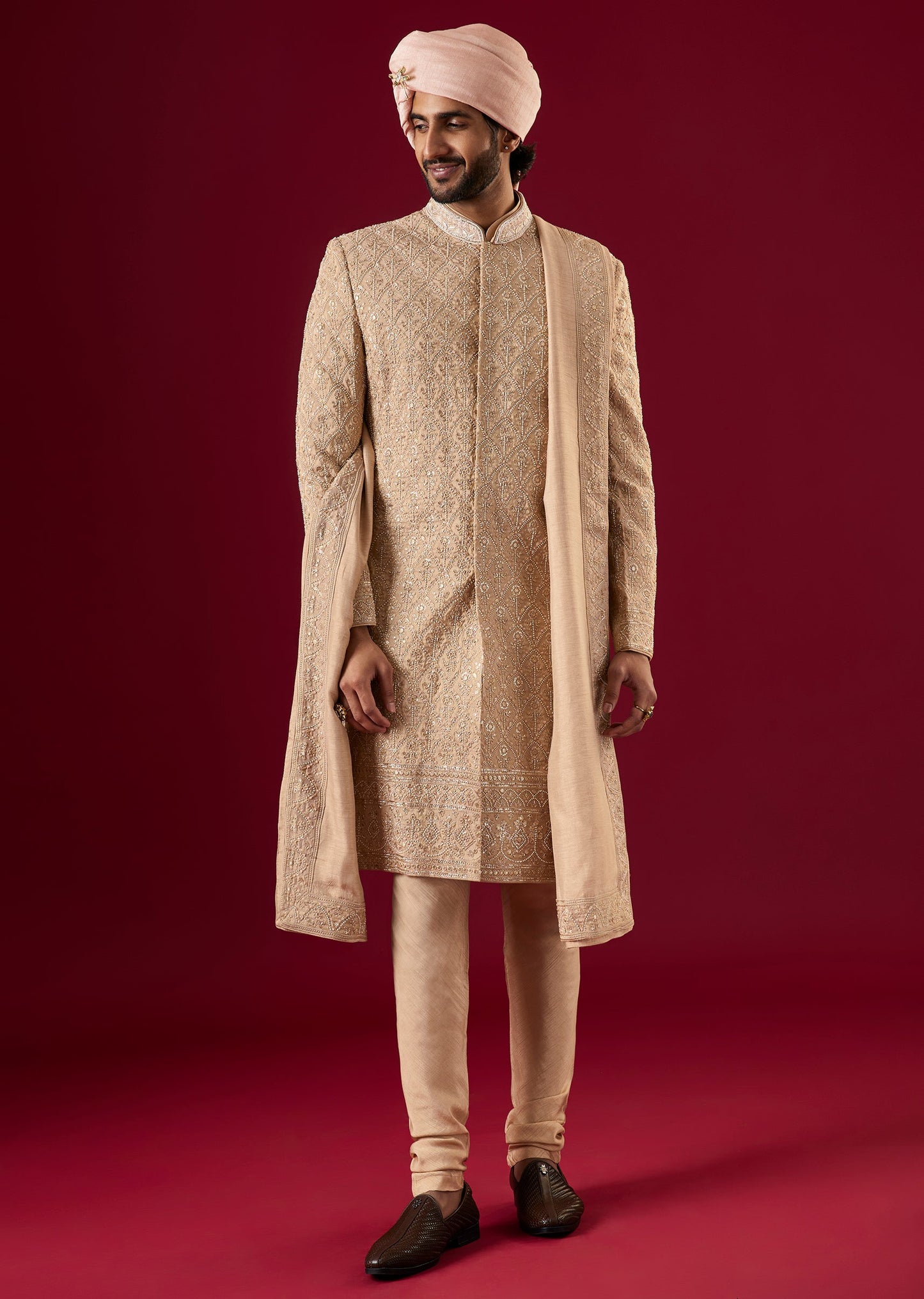 Beige Tussar Sherwani Set With Thread Work