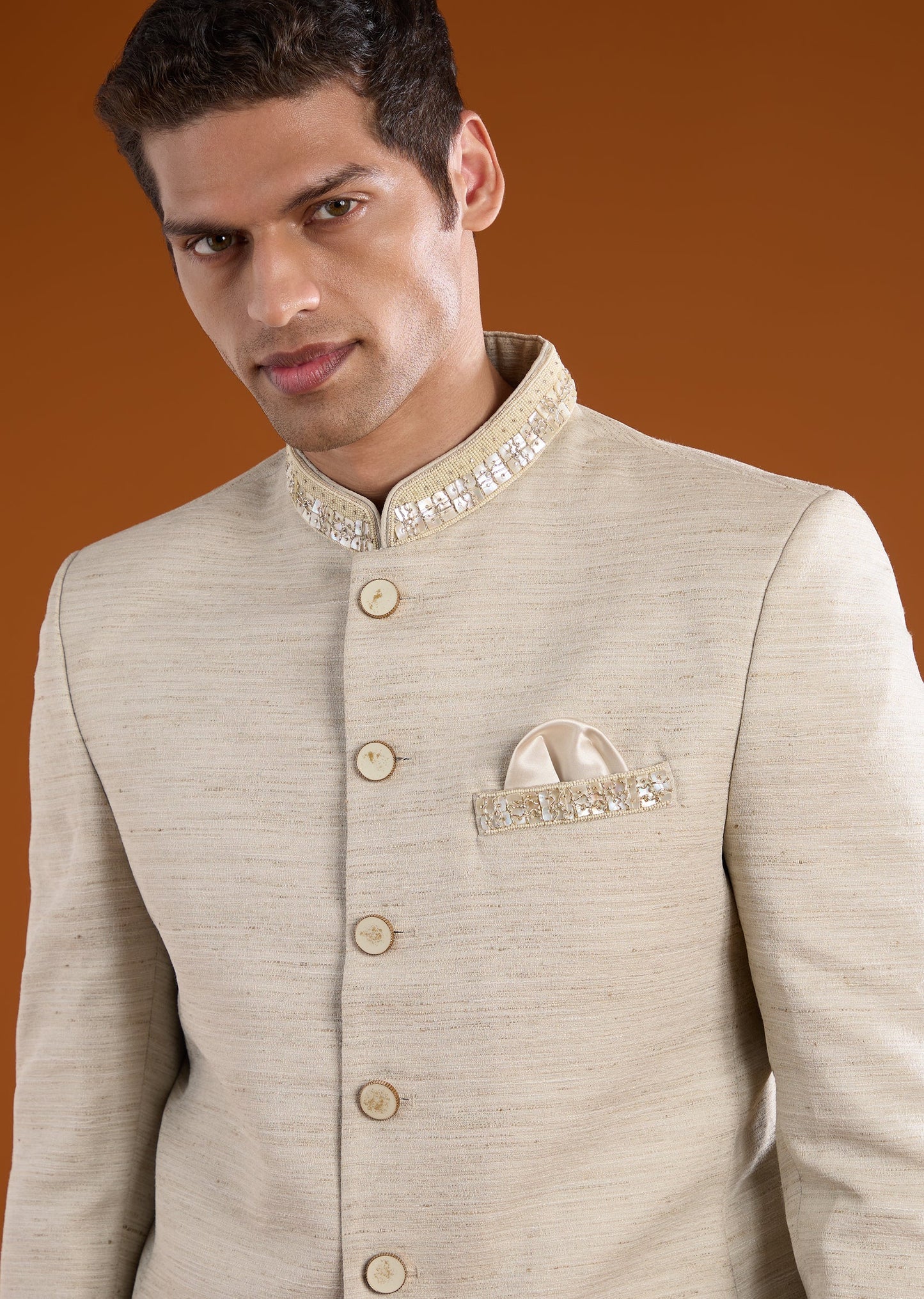 Beige Viscose Jodhpuri Pant Set with Pearl Work