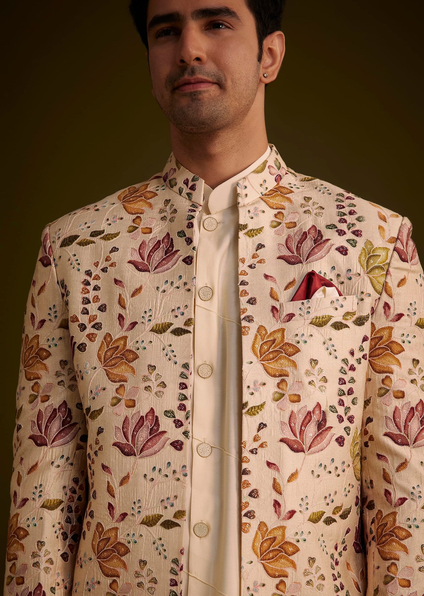 Beige Silk Indowestern Set With Self Work