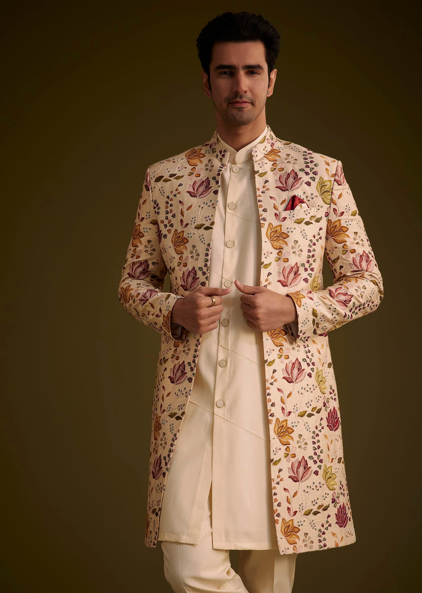 Beige Silk Indowestern Set With Self Work