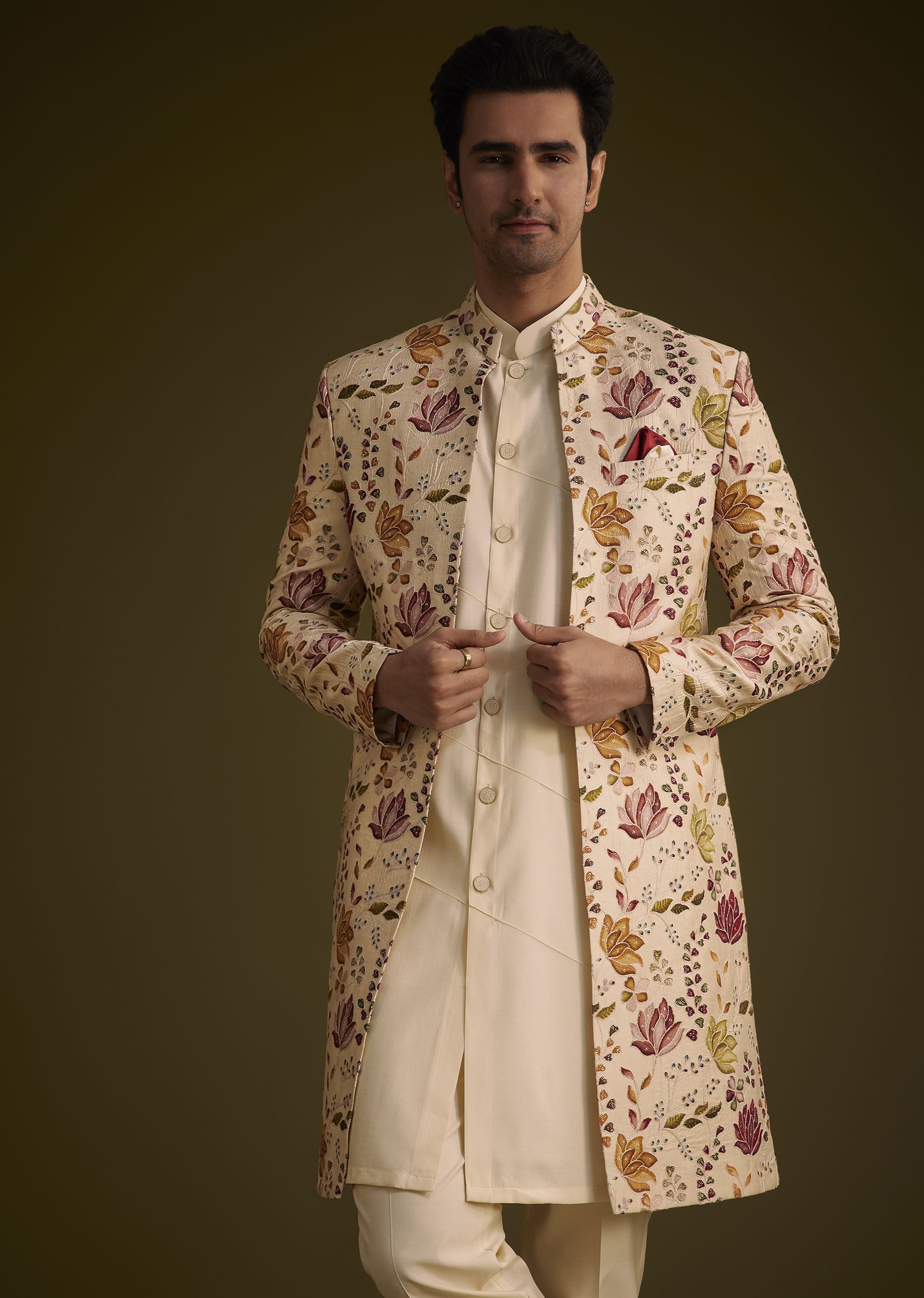 Beige Silk Indowestern Set With Self Work