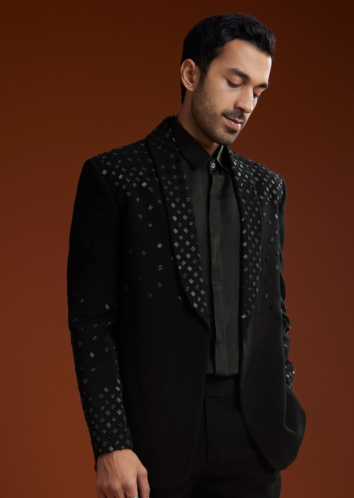 Black Cotton Satin Suit Set With Hand Embroidery