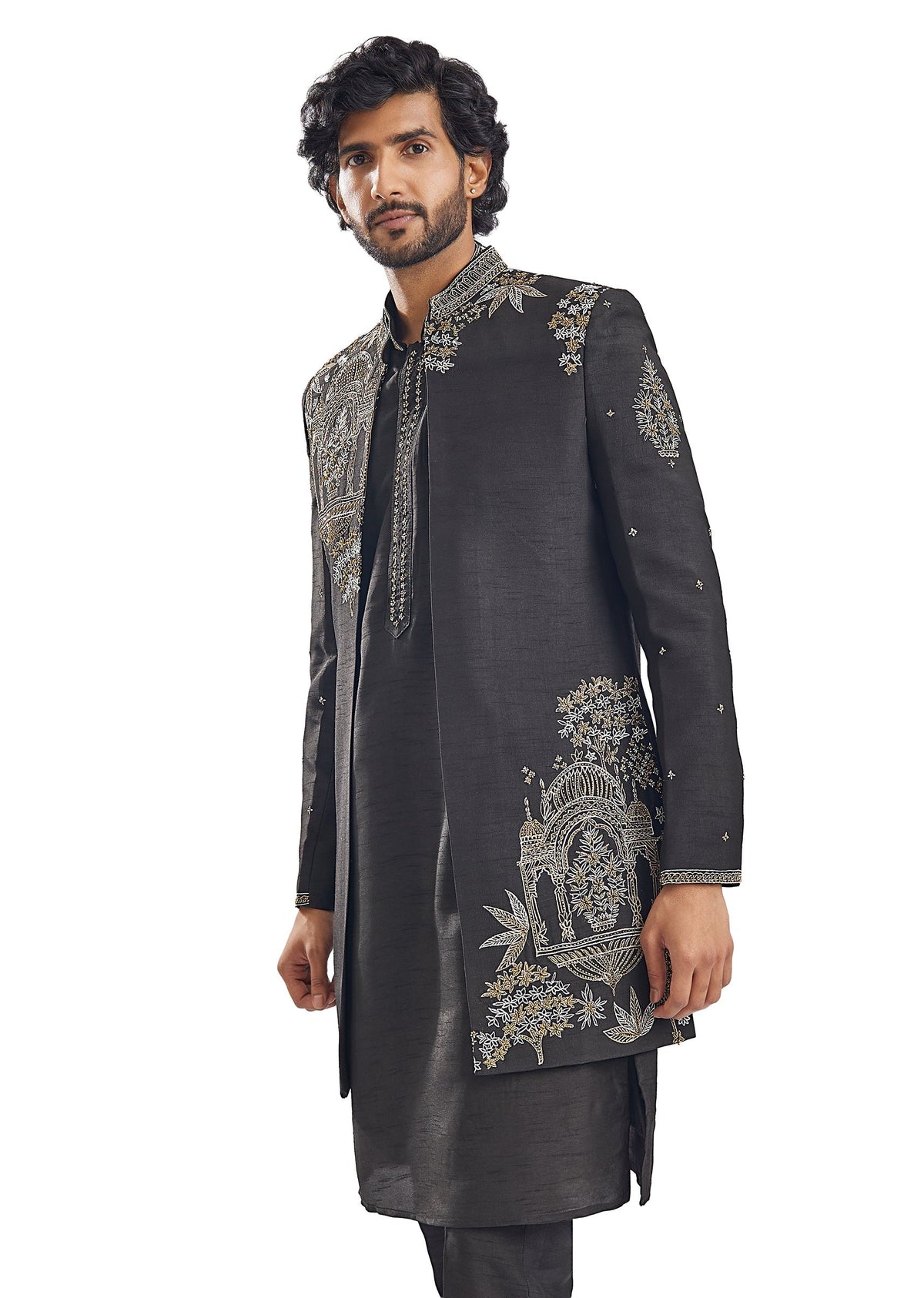 Black Cut Dana Thread Work Groomsman Sherwani