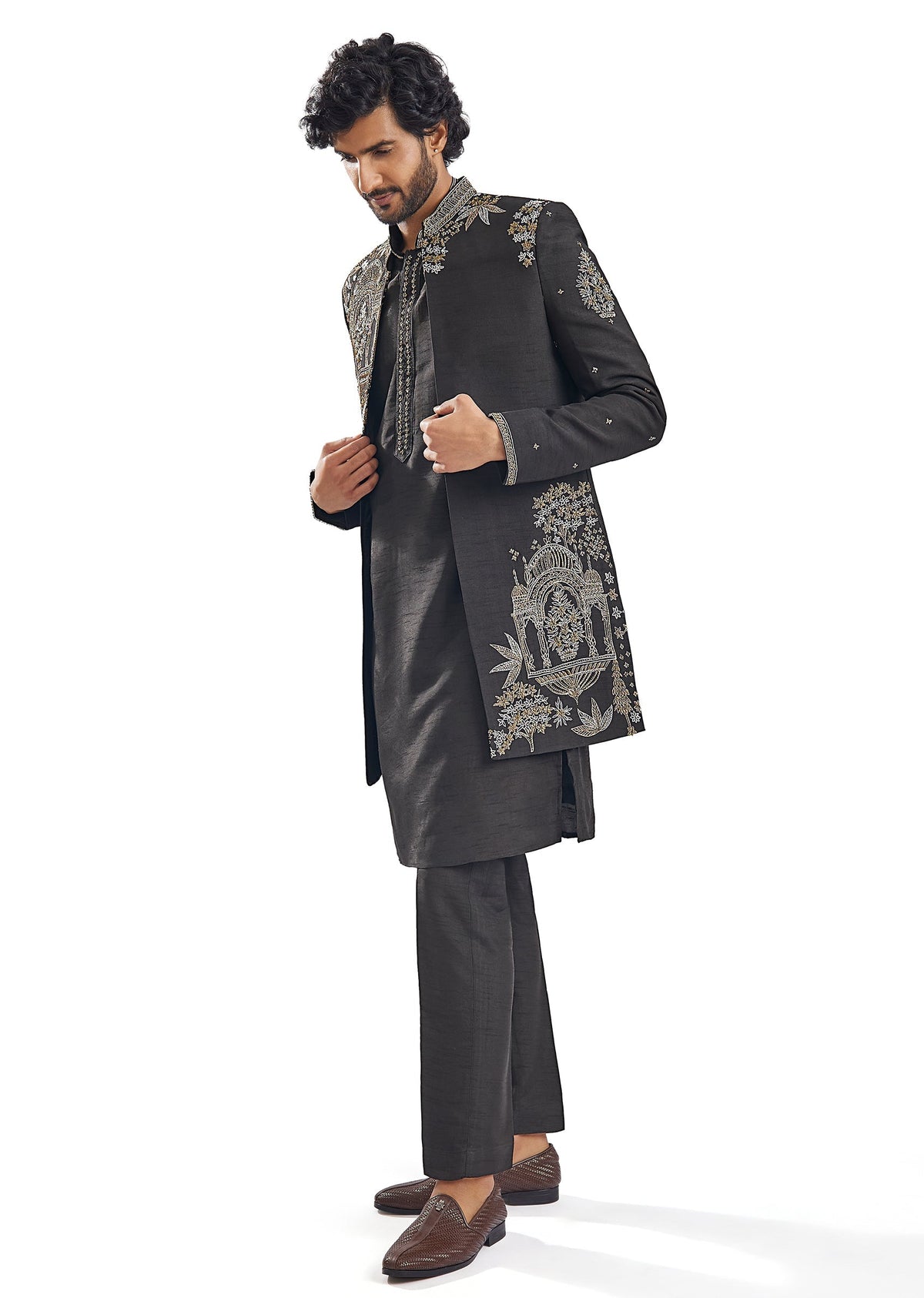 Black Cut Dana Thread Work Groomsman Sherwani