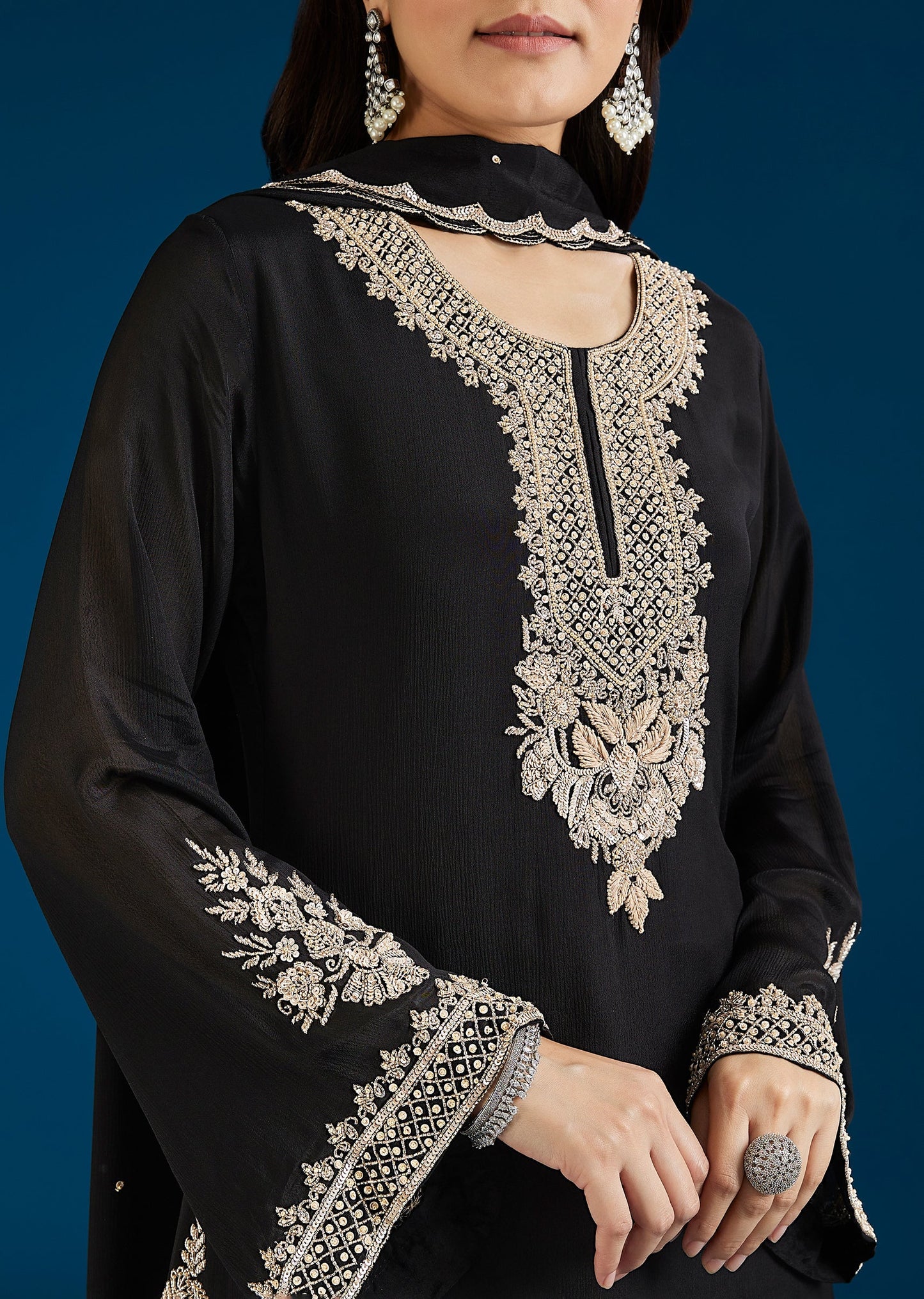 Black Embellished Chinon Palazzo Suit With Dupatta