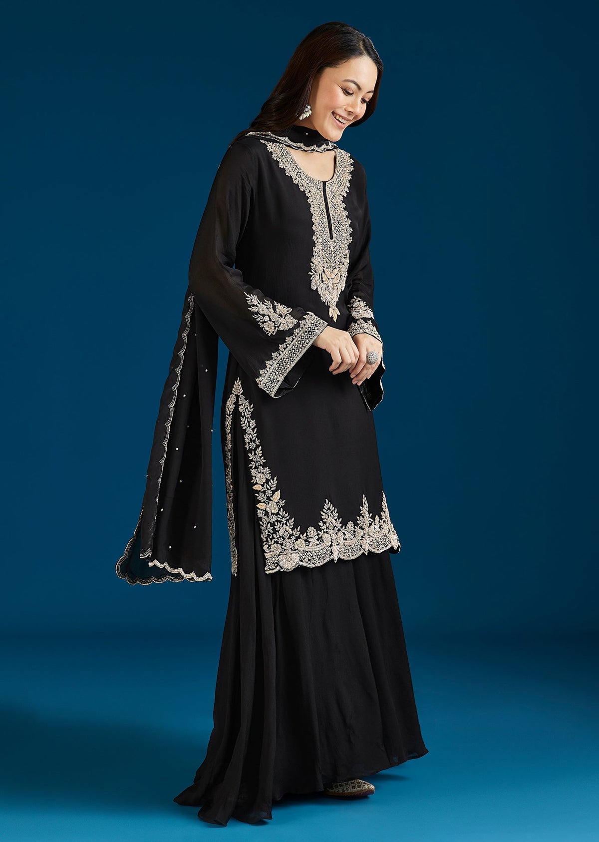 Black Embellished Chinon Palazzo Suit With Dupatta