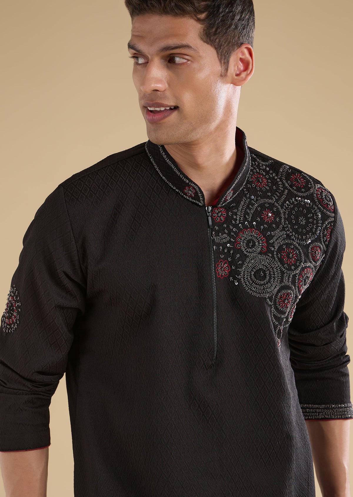Black Suiting Sequin Resham Threadwork Kurta Set