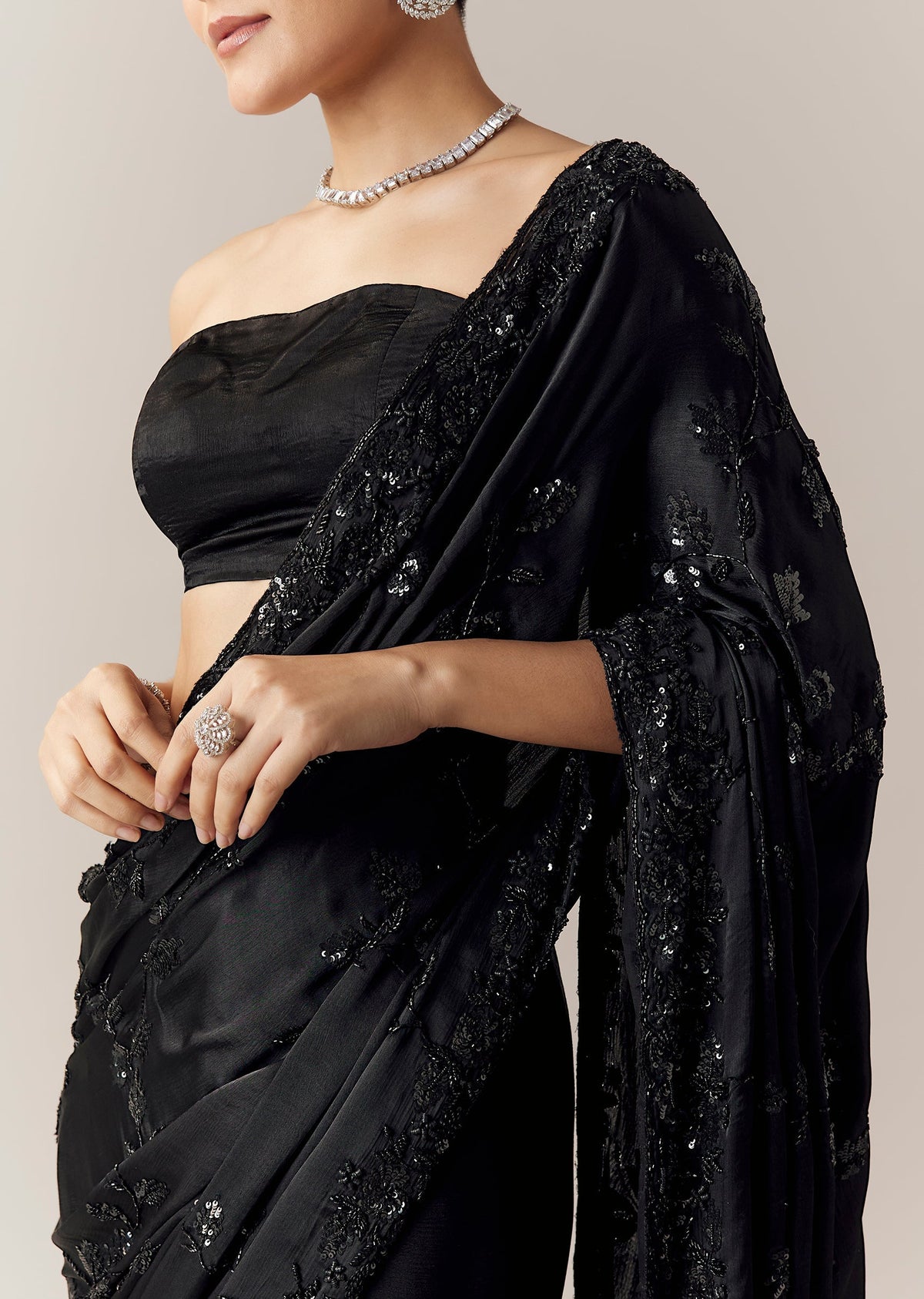 Black Floral Motif Cutdana Embellished Saree with Unstitched Blouse