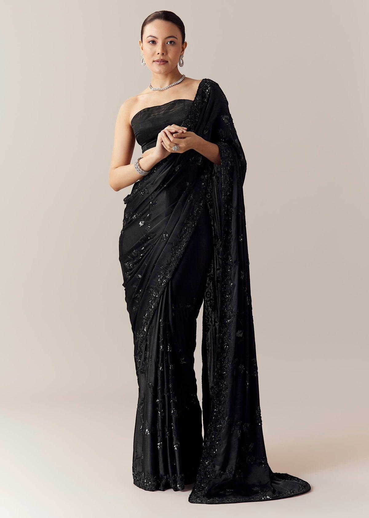 Black Floral Motif Cutdana Embellished Saree with Unstitched Blouse