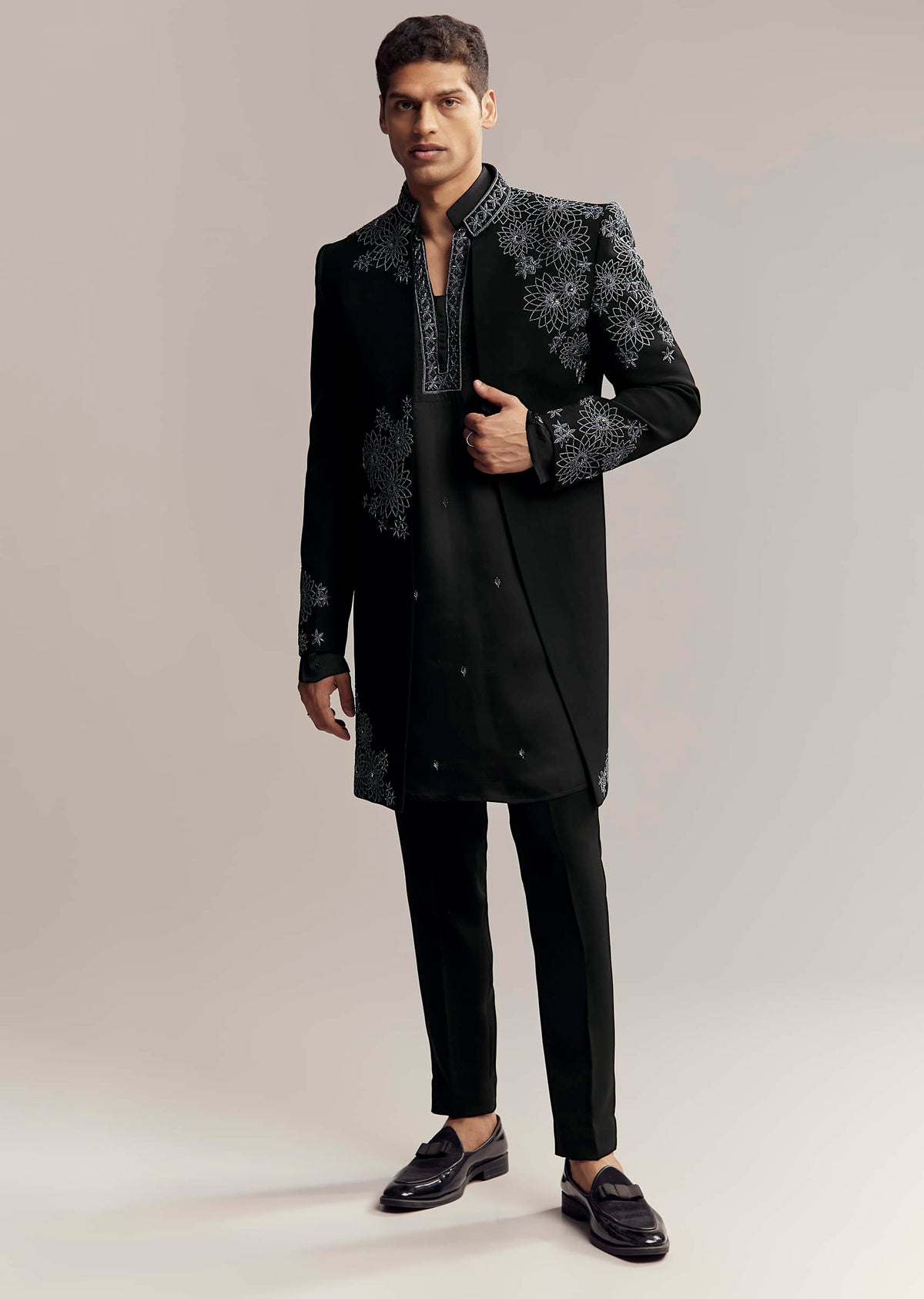 Black Imported Satin Organza Indo Western For Men With Zardosi Embroidery