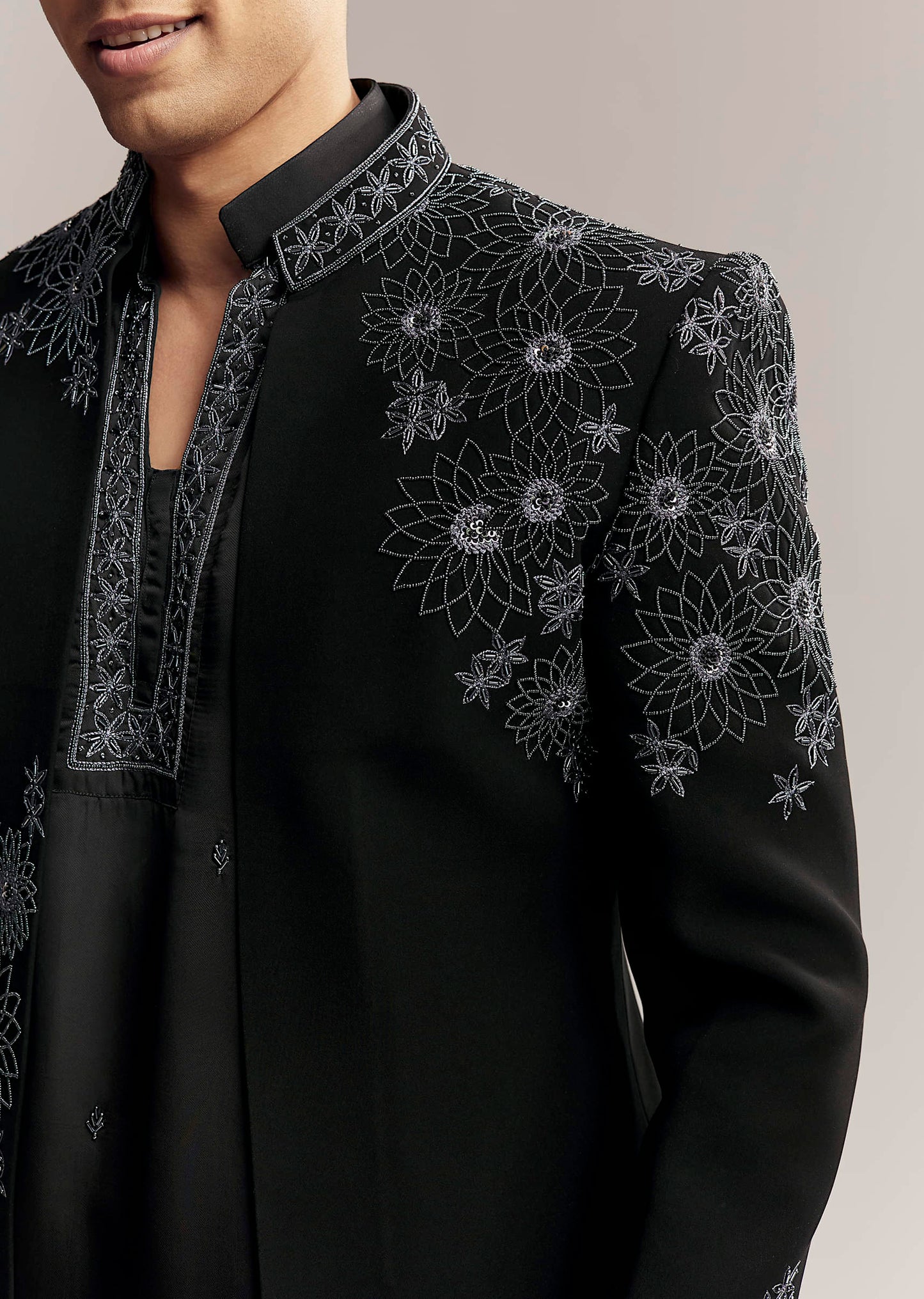 Black Imported Satin Organza Indo Western For Men With Zardosi Embroidery