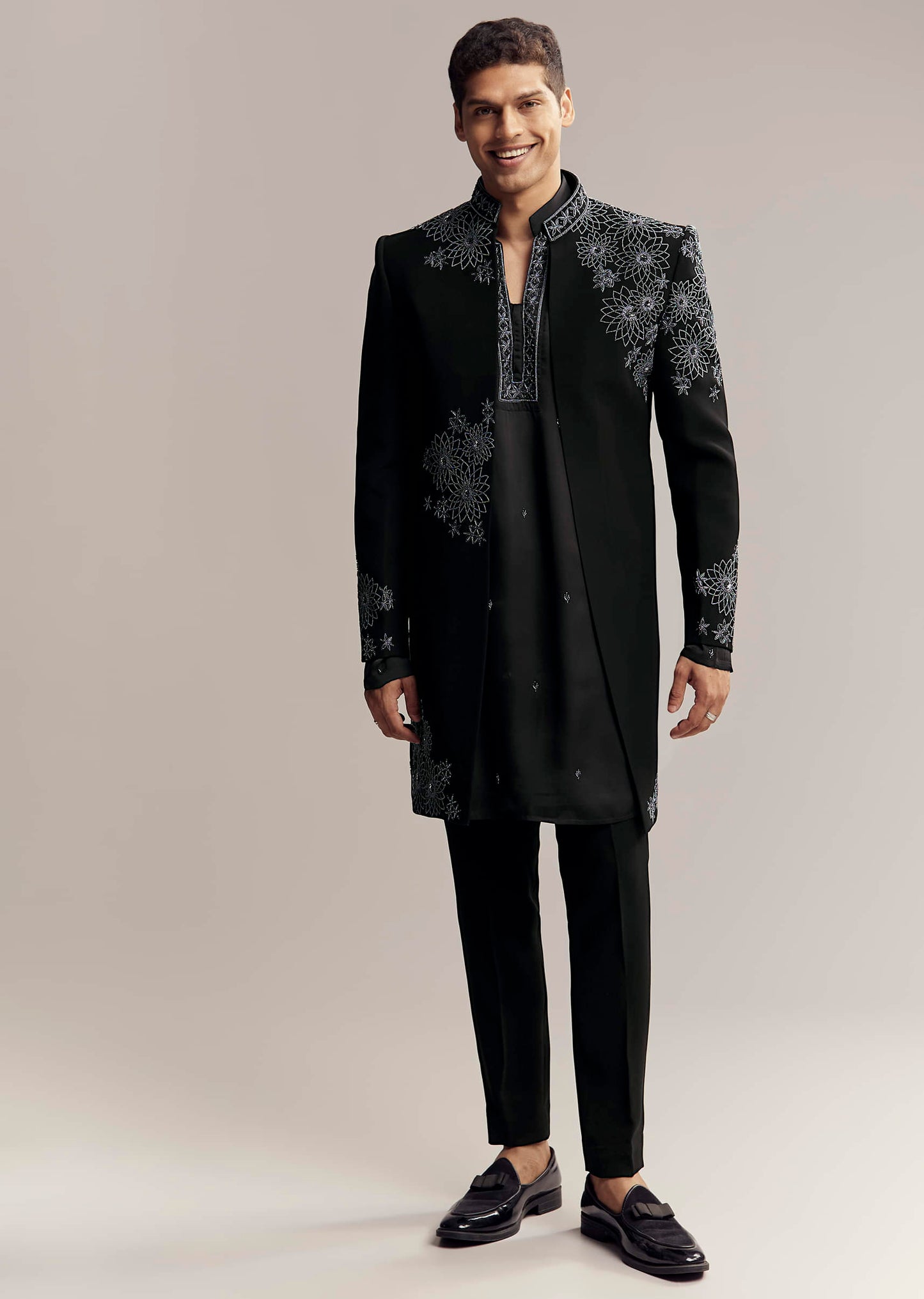 Black Imported Satin Organza Indo Western For Men With Zardosi Embroidery