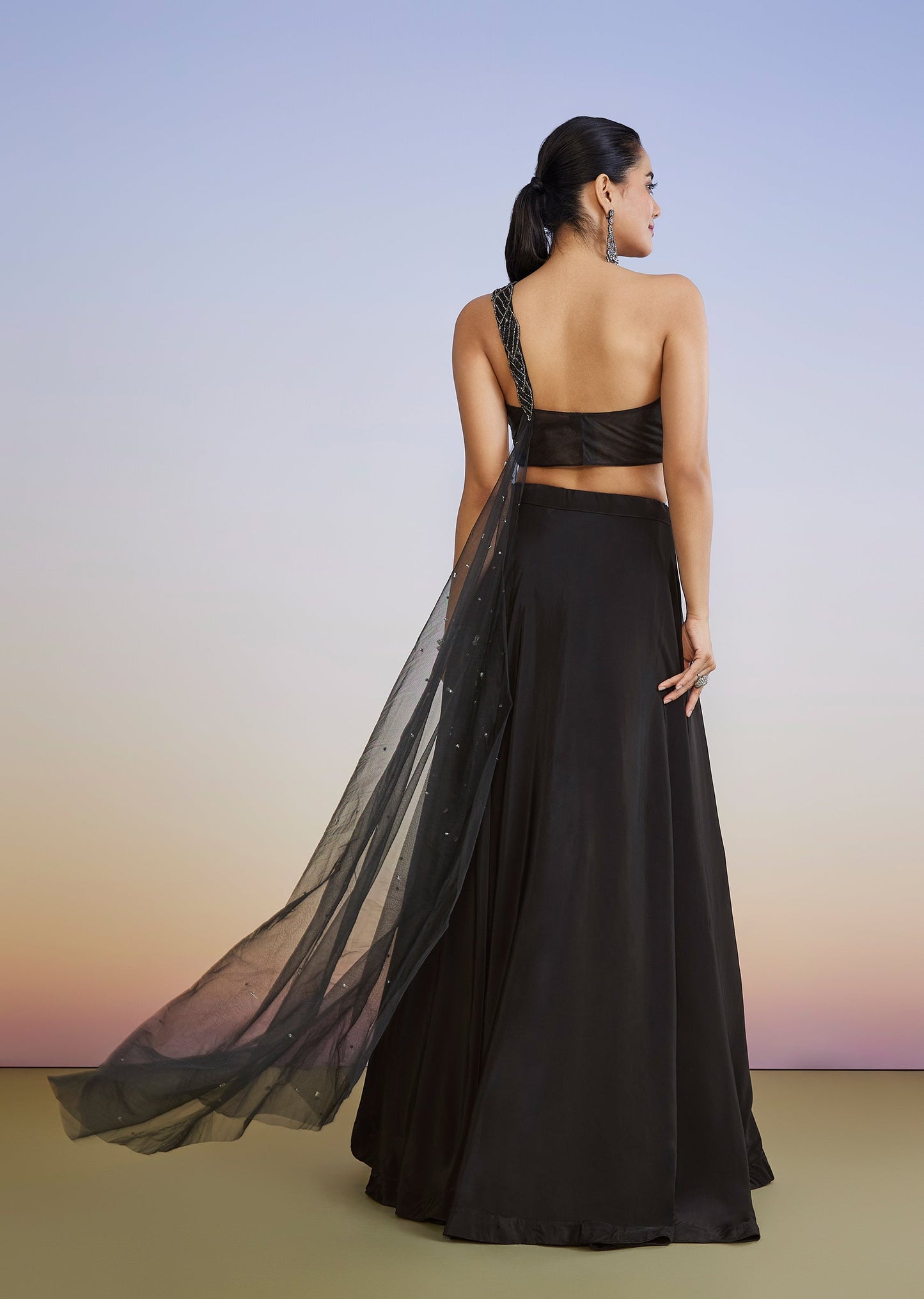 Black One Shoulder Drape Lehenga With Sequin Stonework Choli